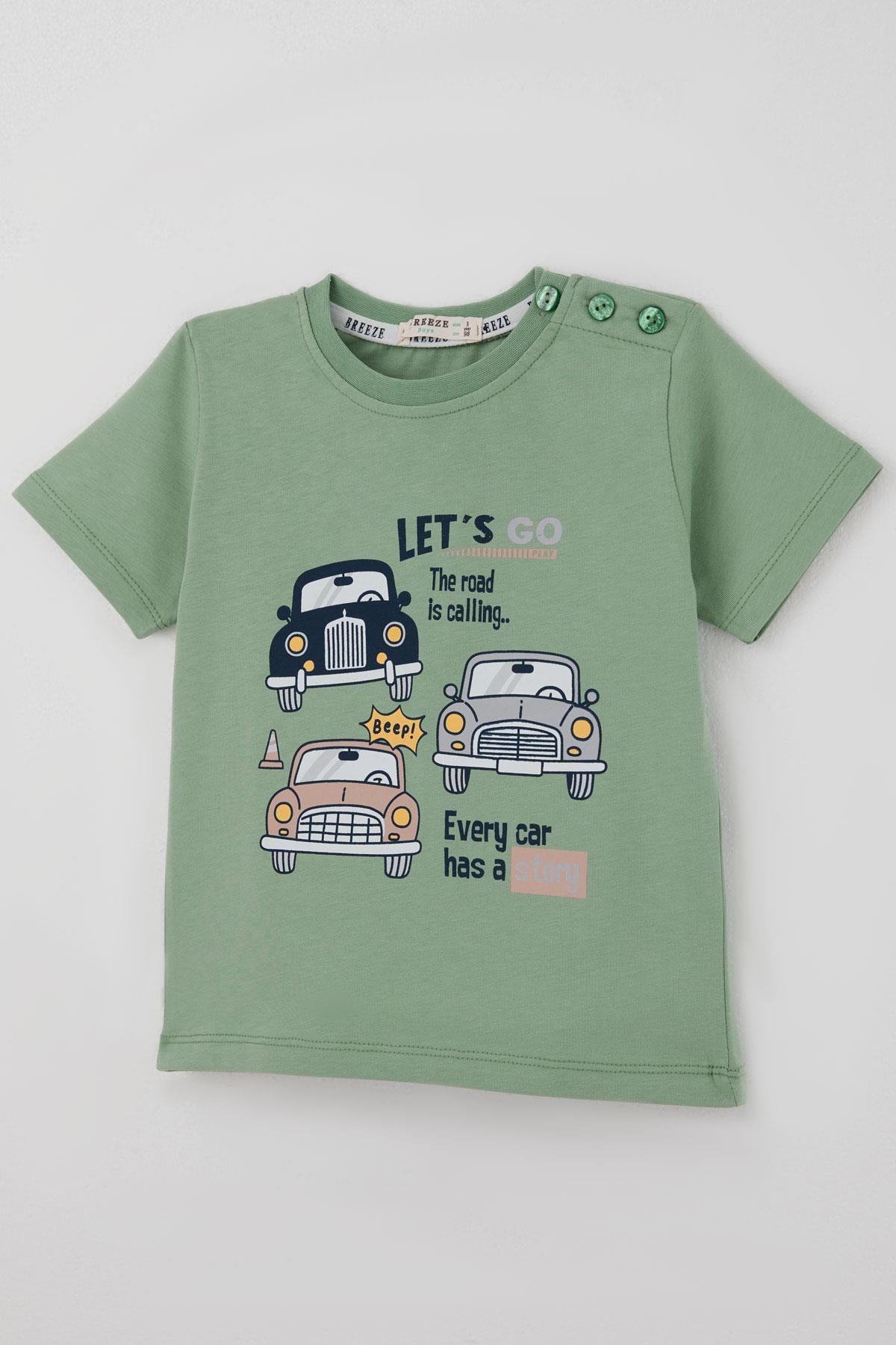 Breeze Erkek Çocuk Şortlu Takım Retro Araba Baskılı Mint Yeşili (1.5-5 Yaş)