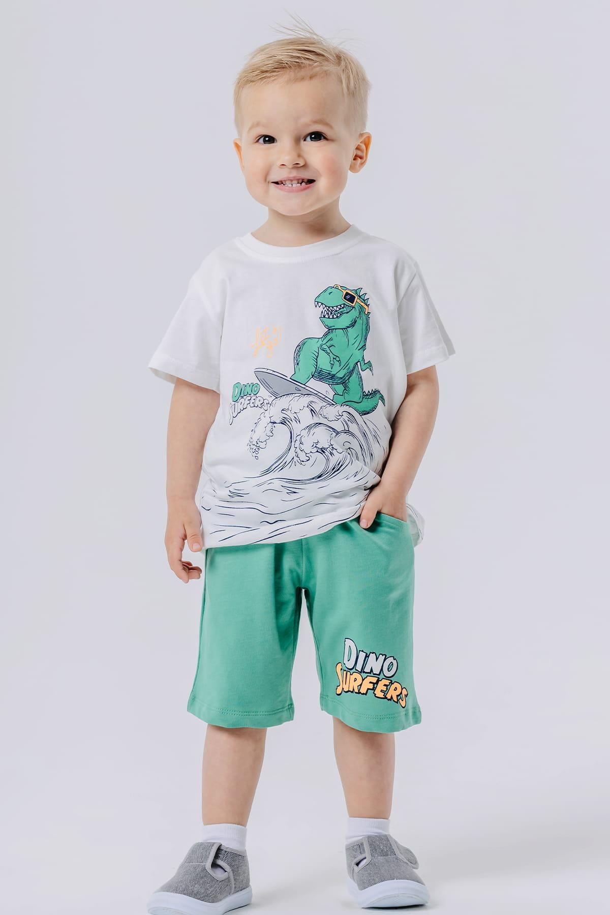 Breeze Erkek Çocuk Şortlu Takım Sörfçü Havalı Dinozor Baskılı Ekru (1.5-5 Yaş)