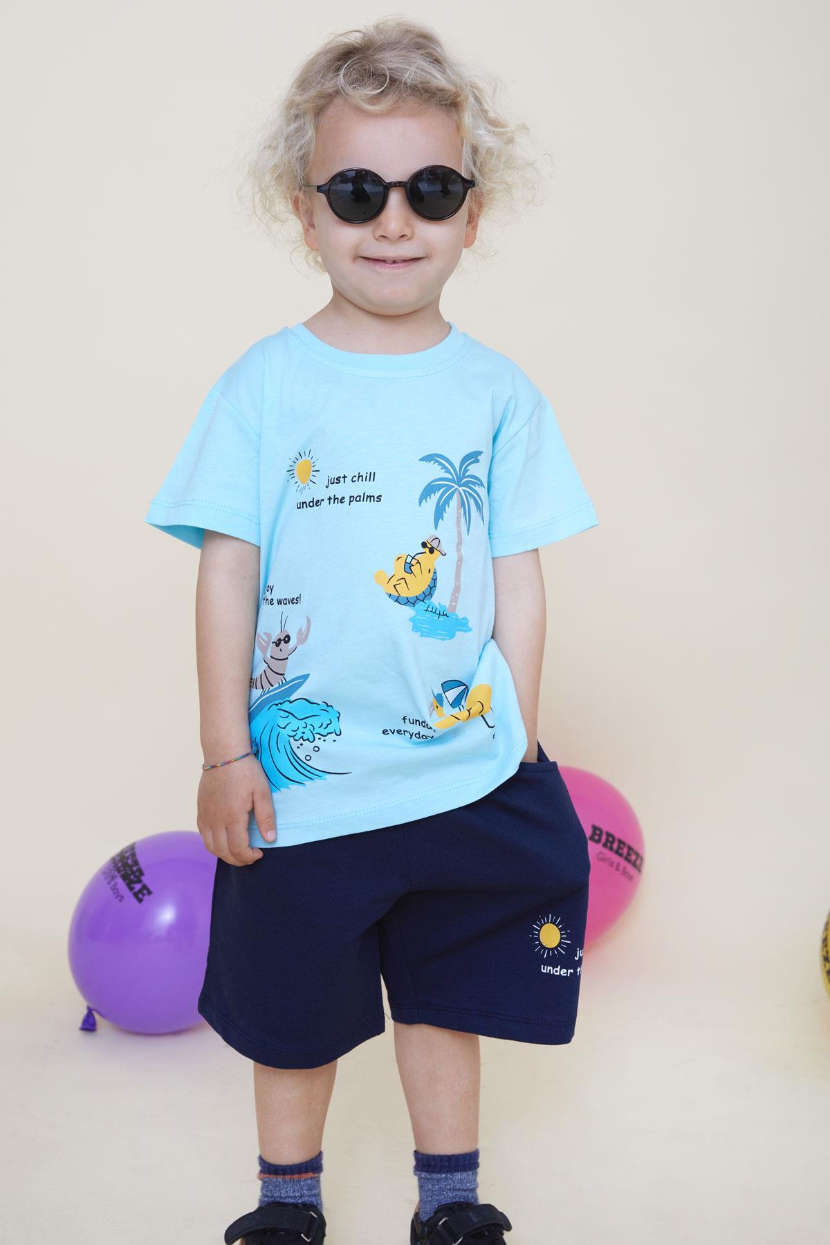 Breeze Erkek Çocuk Şortlu Takım Tatil Temalı Keyifli Hayvancıklar Baskılı Açık Mavi (1-4 Yaş)