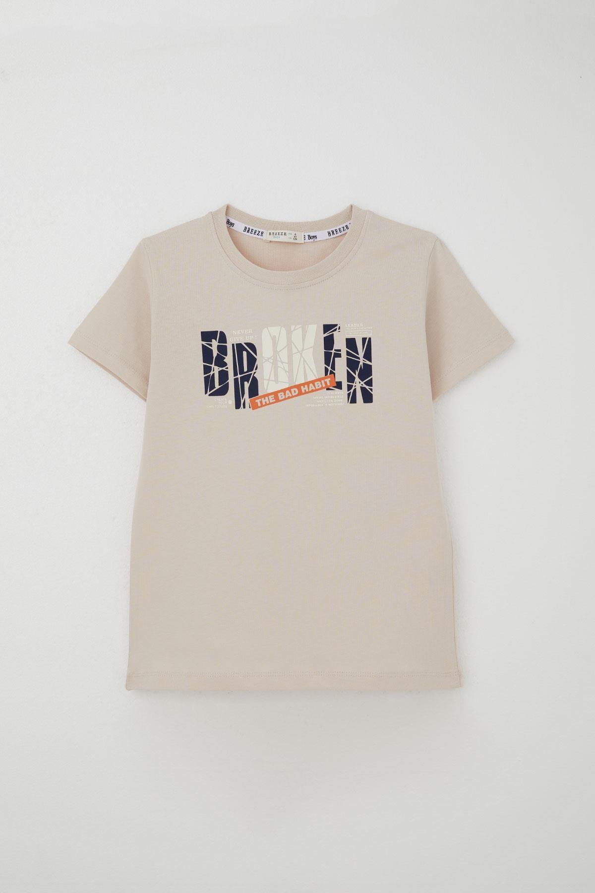 Breeze Erkek Çocuk Şortlu Takım Yazı Baskılı Bağcık Aksesuarlı Bej (8-12 Yaş)