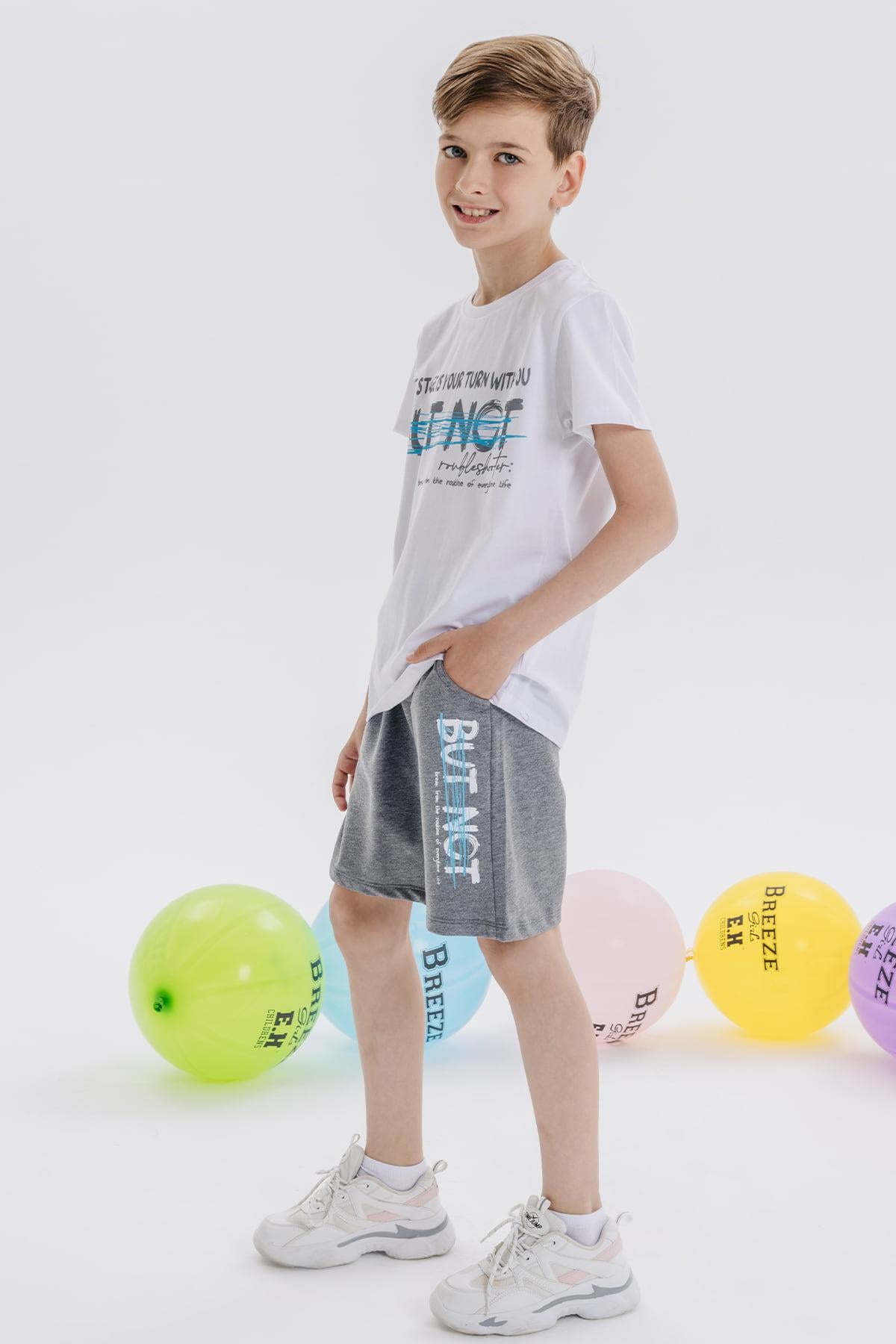 Breeze Erkek Çocuk Şortlu Takım Yazı Baskılı Ekru (9-12 Yaş)