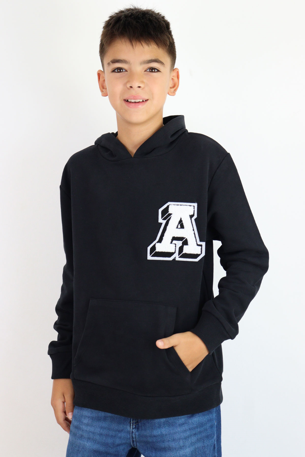 Breeze Erkek Çocuk Sweatshirt A Harfi Yazı Nakış Armalı Siyah (9-14 Yaş)
