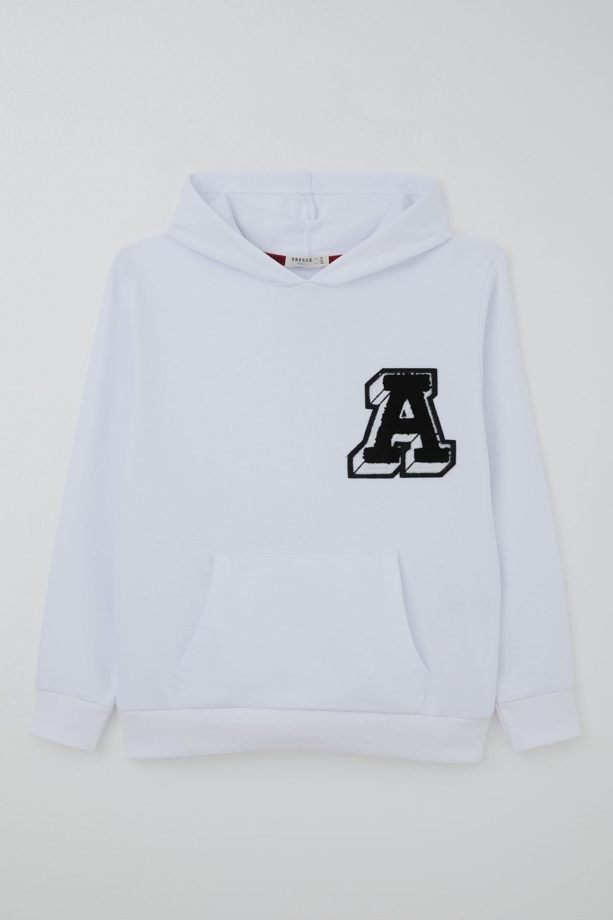 Breeze Erkek Çocuk Sweatshirt A Harfi Yazı Nakış Armalı Beyaz (9-14 Yaş)