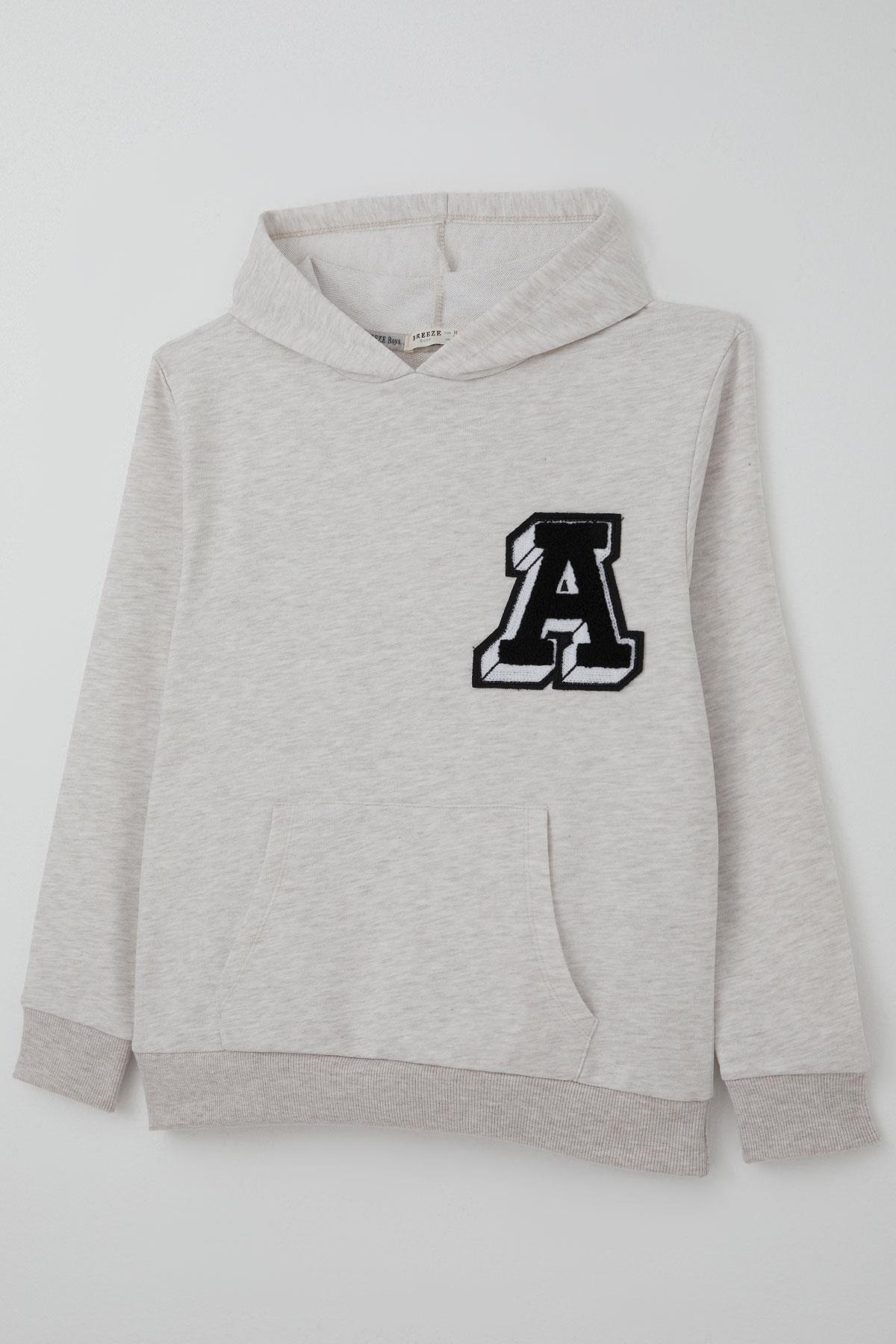 Breeze Erkek Çocuk Sweatshirt A Harfi Yazı Nakış Armalı Bej Melanj (9-14 Yaş)