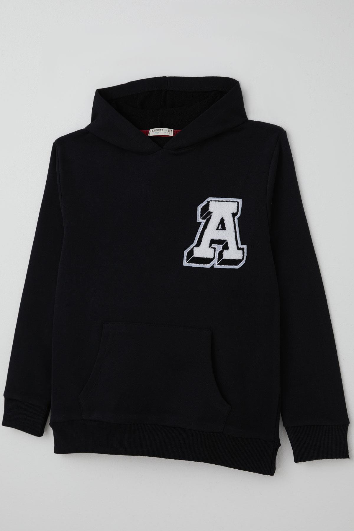 Breeze Erkek Çocuk Sweatshirt A Harfi Yazı Nakış Armalı Siyah (9-14 Yaş)