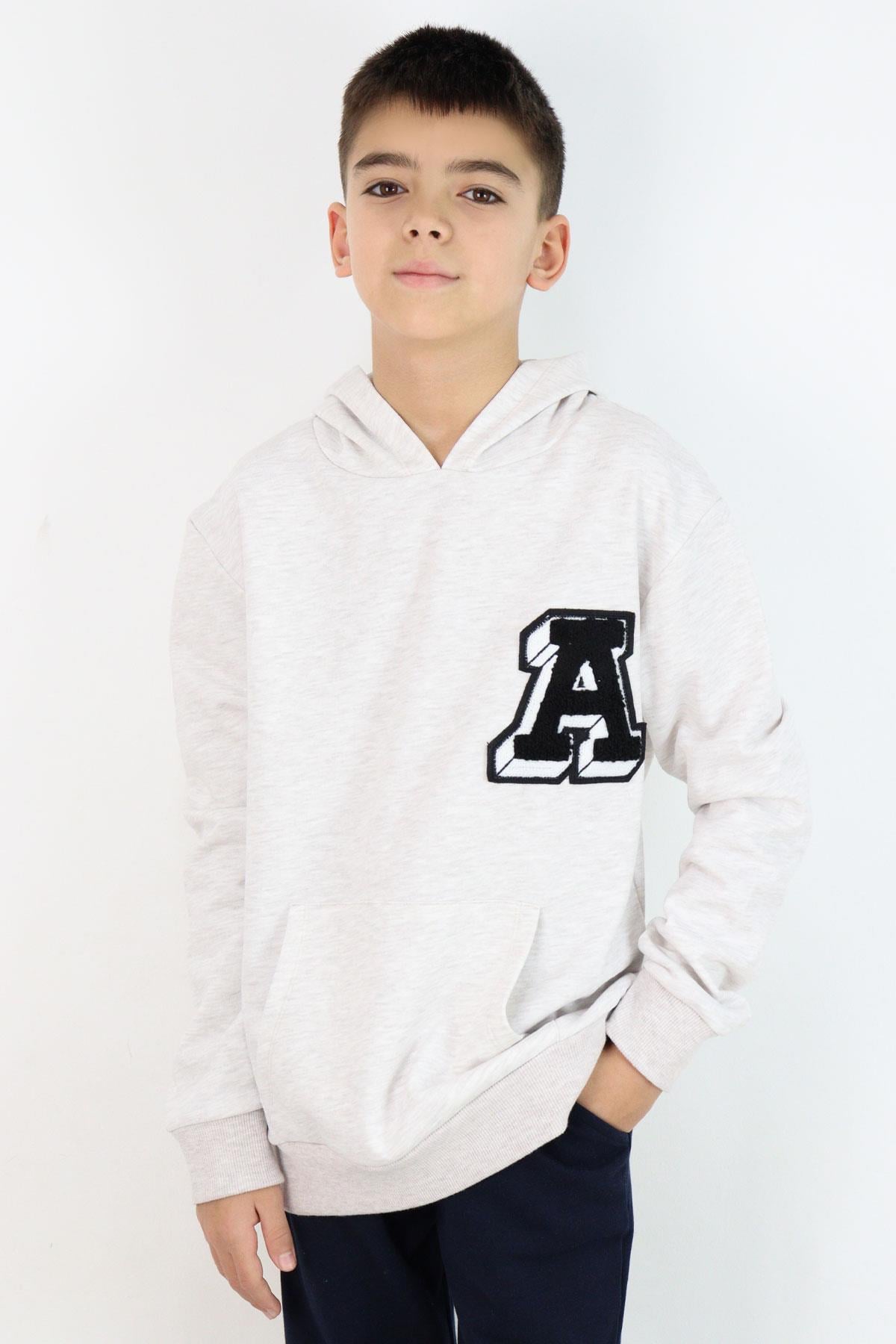 Breeze Erkek Çocuk Sweatshirt A Harfi Yazı Nakış Armalı Bej Melanj (9-14 Yaş)