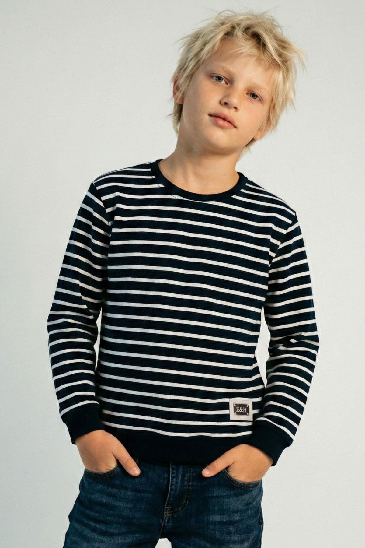 Breeze Erkek Çocuk Sweatshirt Arma Detaylı Çizgili Lacivert (4-8 Yaş)