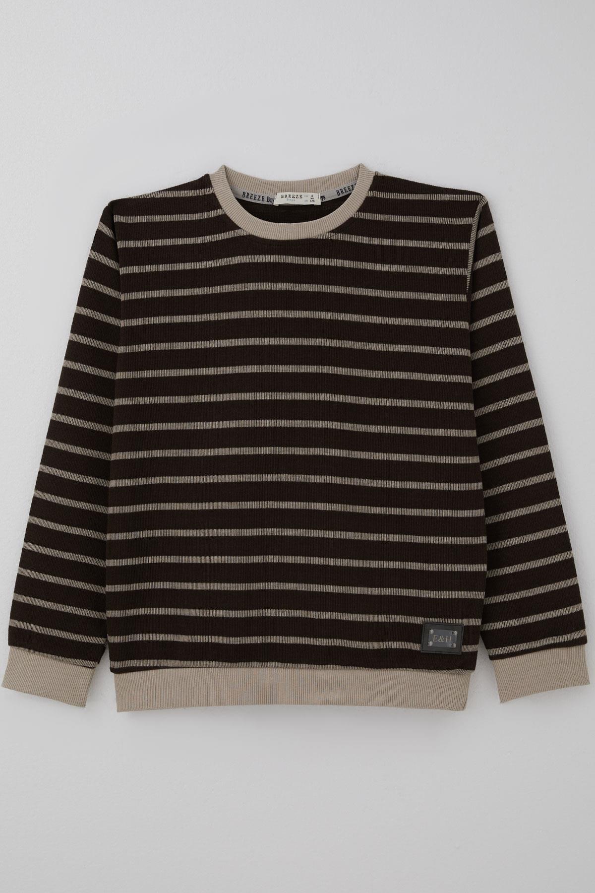 Breeze Erkek Çocuk Sweatshirt Arma Detaylı Çzgili Koyu Kahve (4-8 Yaş)