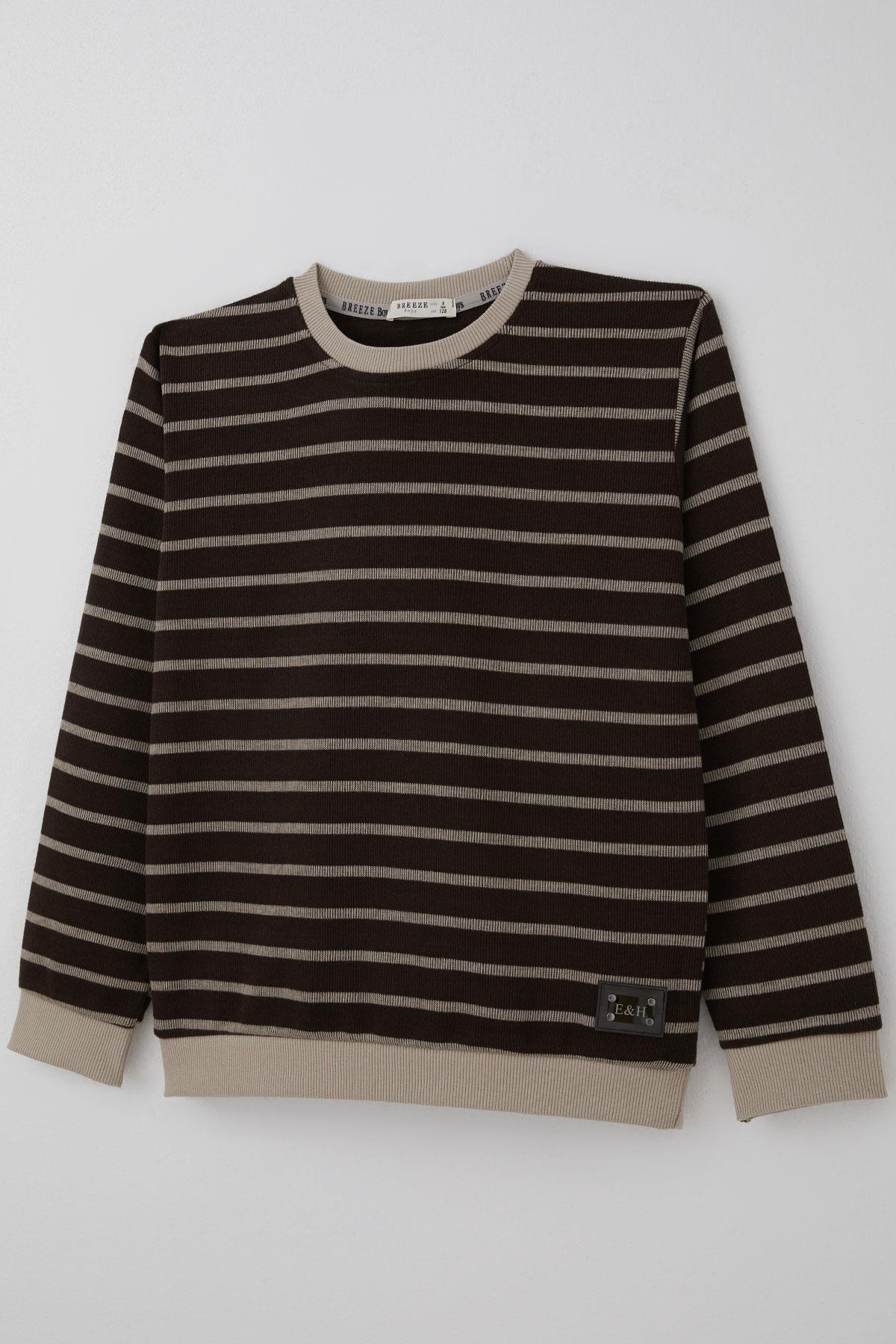 Breeze Erkek Çocuk Sweatshirt Arma Detaylı Çzgili Koyu Kahve (4-8 Yaş)