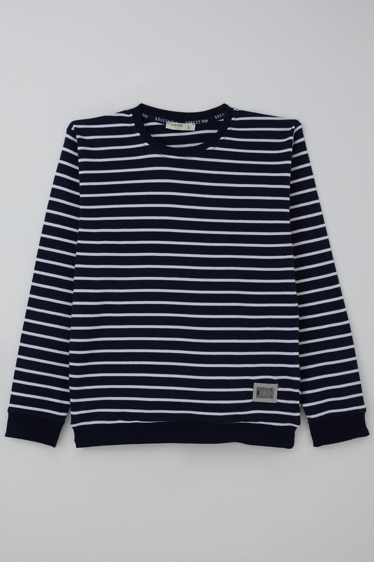 Breeze Erkek Çocuk Sweatshirt Arma Detaylı Çizgili Lacivert (4-8 Yaş)
