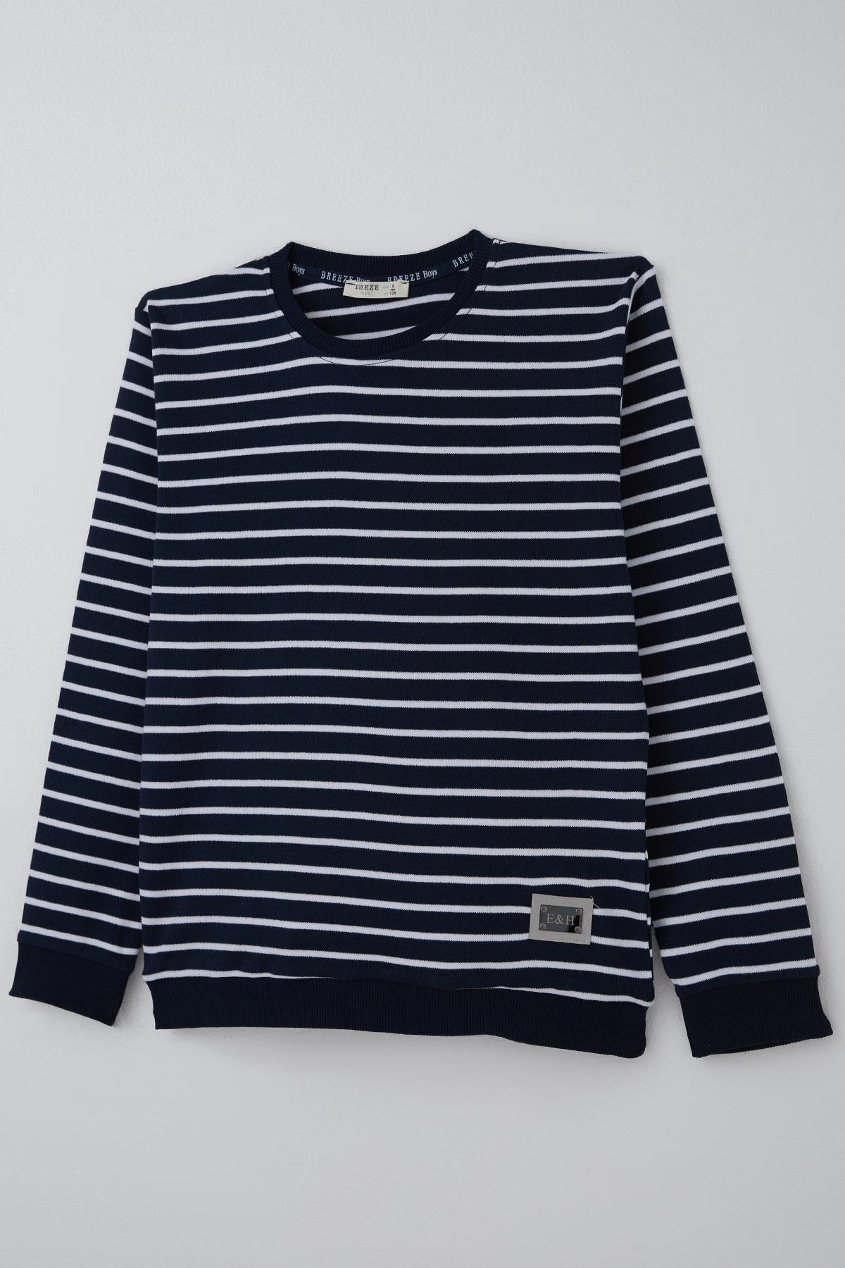 Breeze Erkek Çocuk Sweatshirt Arma Detaylı Çizgili Lacivert (4-8 Yaş)