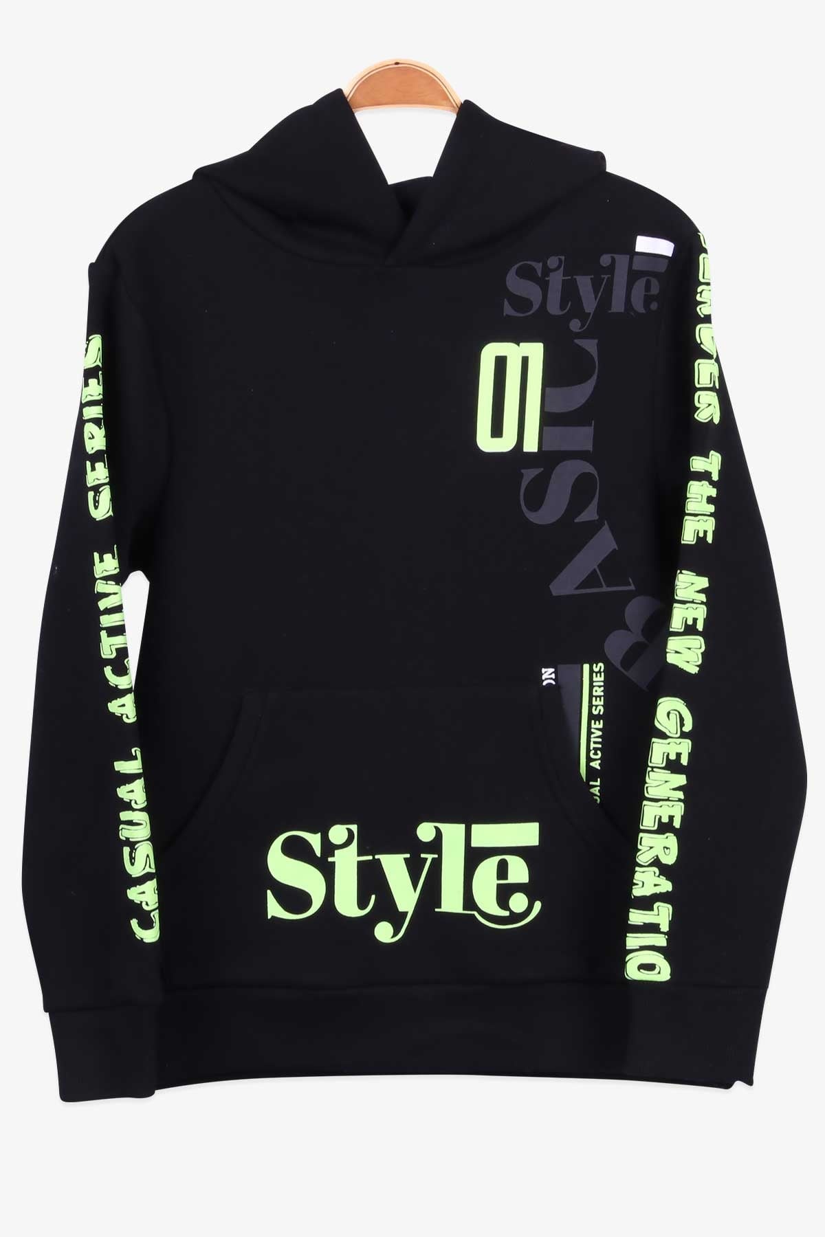 Breeze Erkek Çocuk Sweatshirt Baskılı Kapüşonlu Siyah (9-14 Yaş)