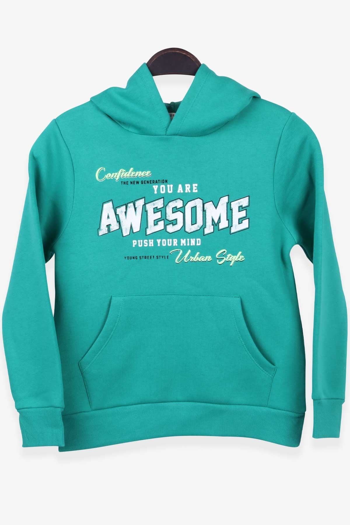 Breeze Erkek Çocuk Sweatshirt Baskılı Kanguru Cepli Yeşil (8-14 Yaş)