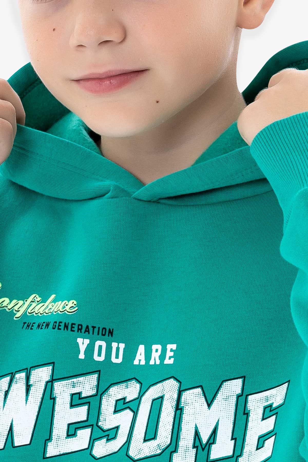 Breeze Erkek Çocuk Sweatshirt Baskılı Kanguru Cepli Yeşil (8-14 Yaş)