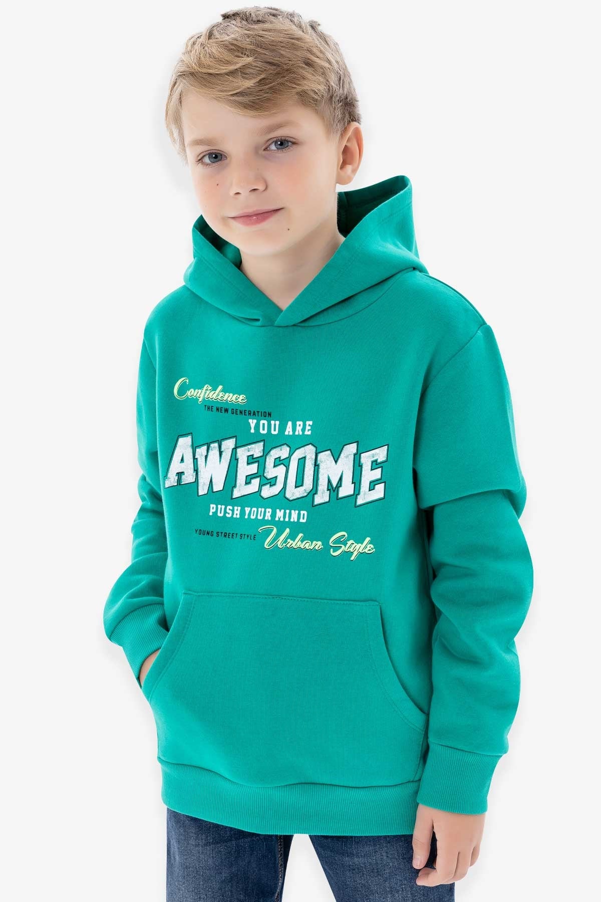 Breeze Erkek Çocuk Sweatshirt Baskılı Kanguru Cepli Yeşil (8-14 Yaş)