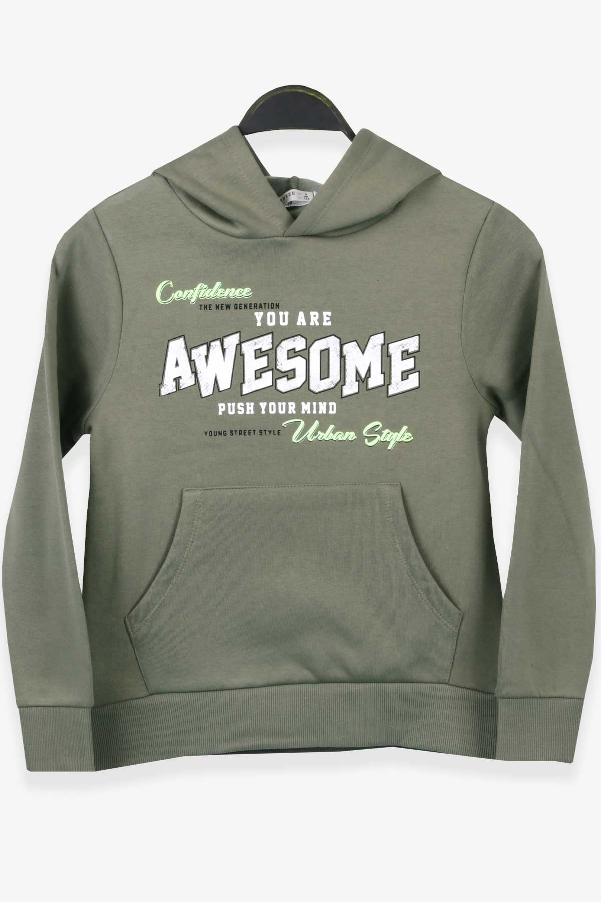 Breeze Erkek Çocuk Sweatshirt Baskılı Kanguru Cepli Haki Yeşil (8-14 Yaş)