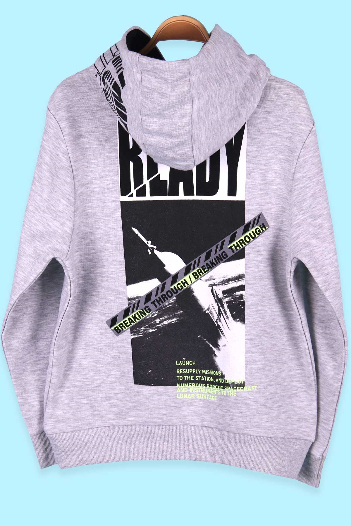 Breeze Erkek Çocuk Sweatshirt Baskılı Kanguru Cepli Açık Gri (9-16 Yaş)