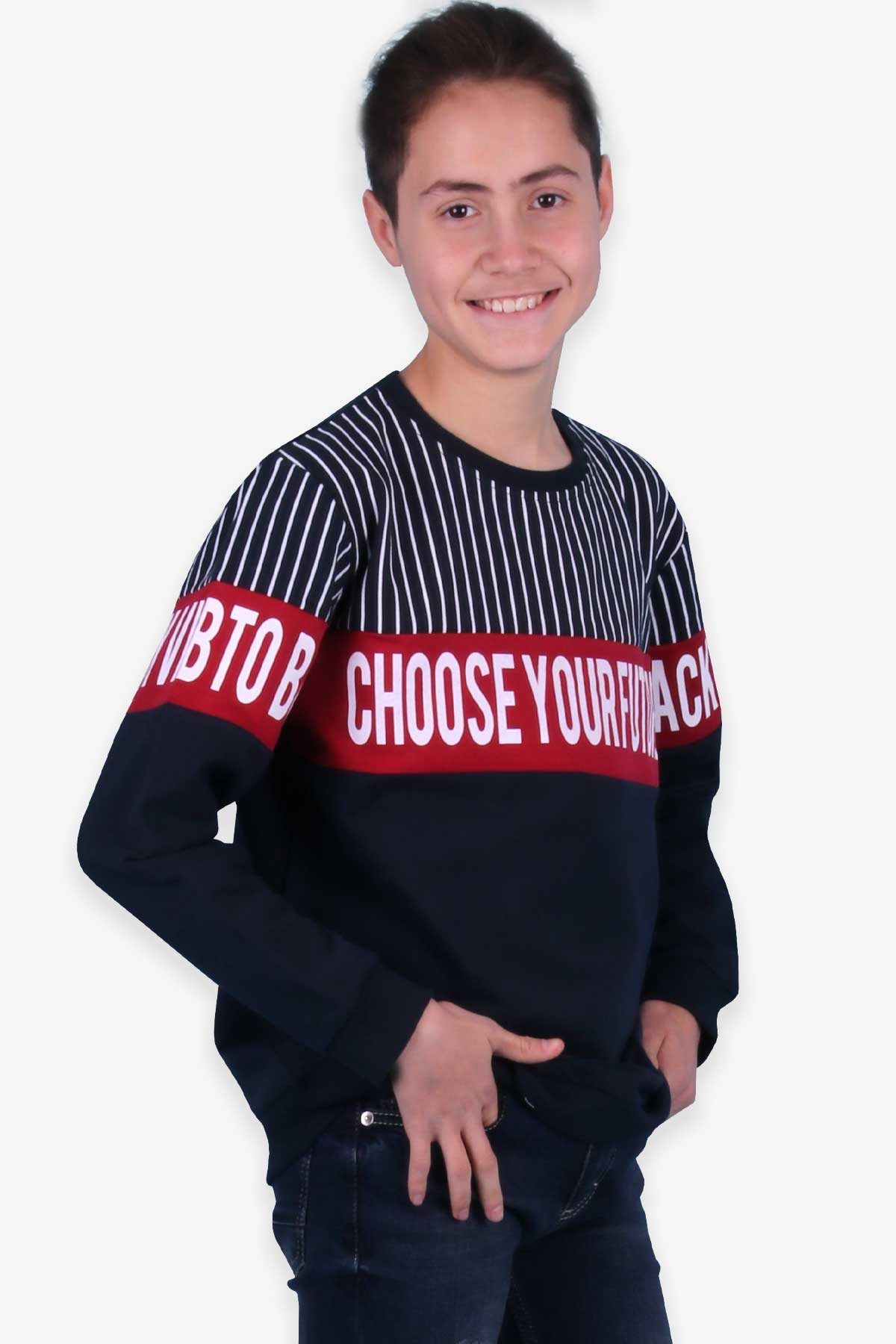 Breeze Erkek Çocuk Sweatshirt Çizgi Detaylı Baskılı Lacivert (9-14 Yaş)