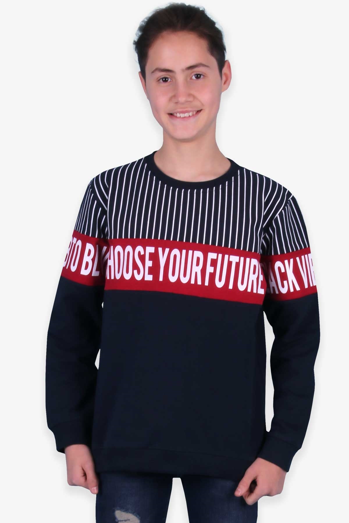 Breeze Erkek Çocuk Sweatshirt Çizgi Detaylı Baskılı Lacivert (9-14 Yaş)