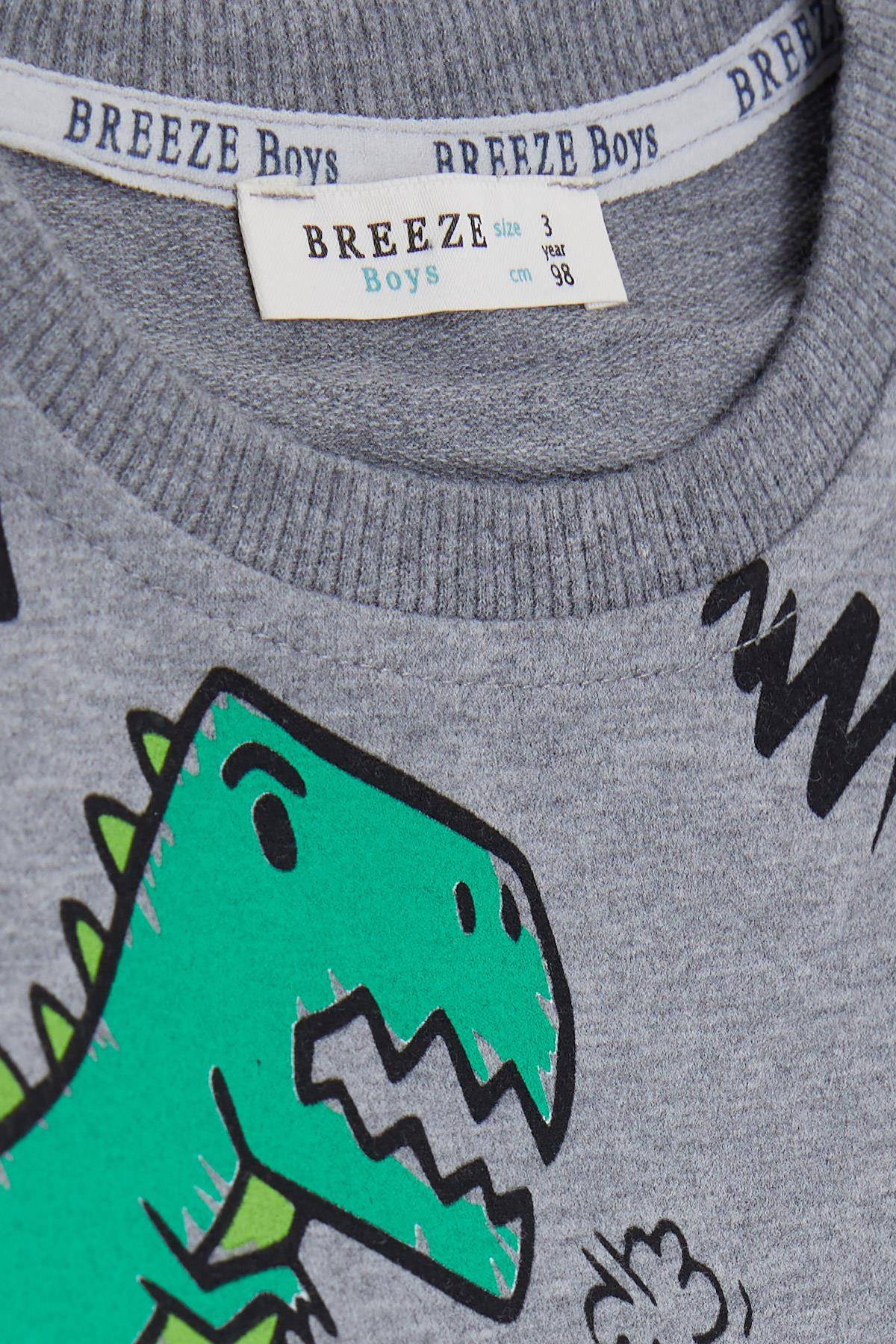 Breeze Erkek Çocuk Sweatshirt Dinazor Desenli Koyu Gri Melanj (3-8 Yaş)