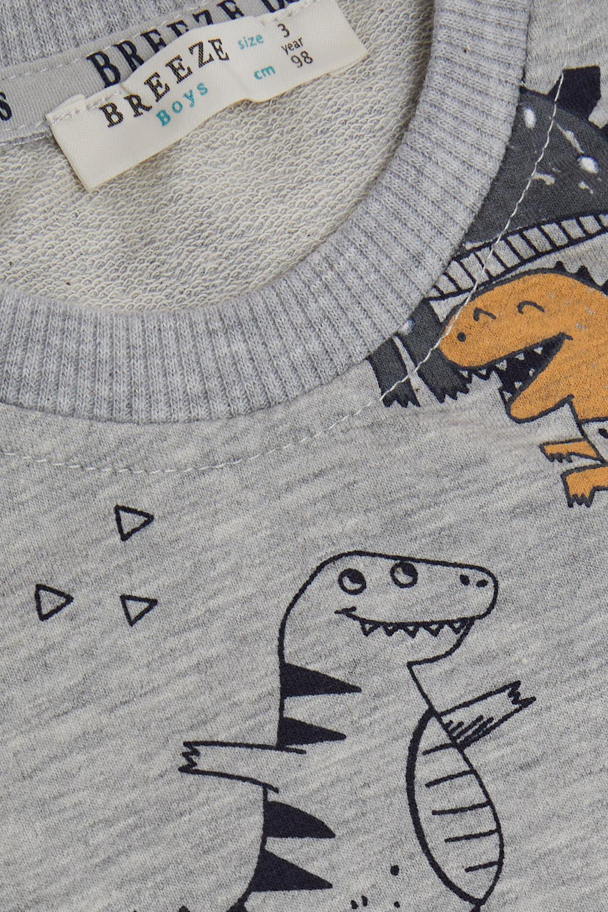 Breeze Erkek Çocuk Sweatshirt Dinazor Desenli Gri Melanj (1.5-5 Yaş)