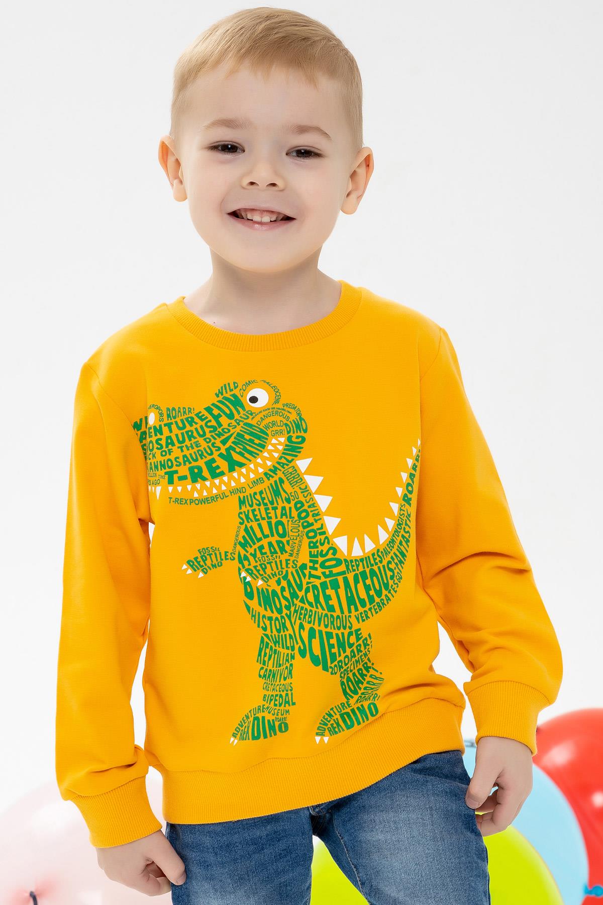 Breeze Erkek Çocuk Sweatshirt Dinozor Baskılı Hardal Sarı (7 Yaş)