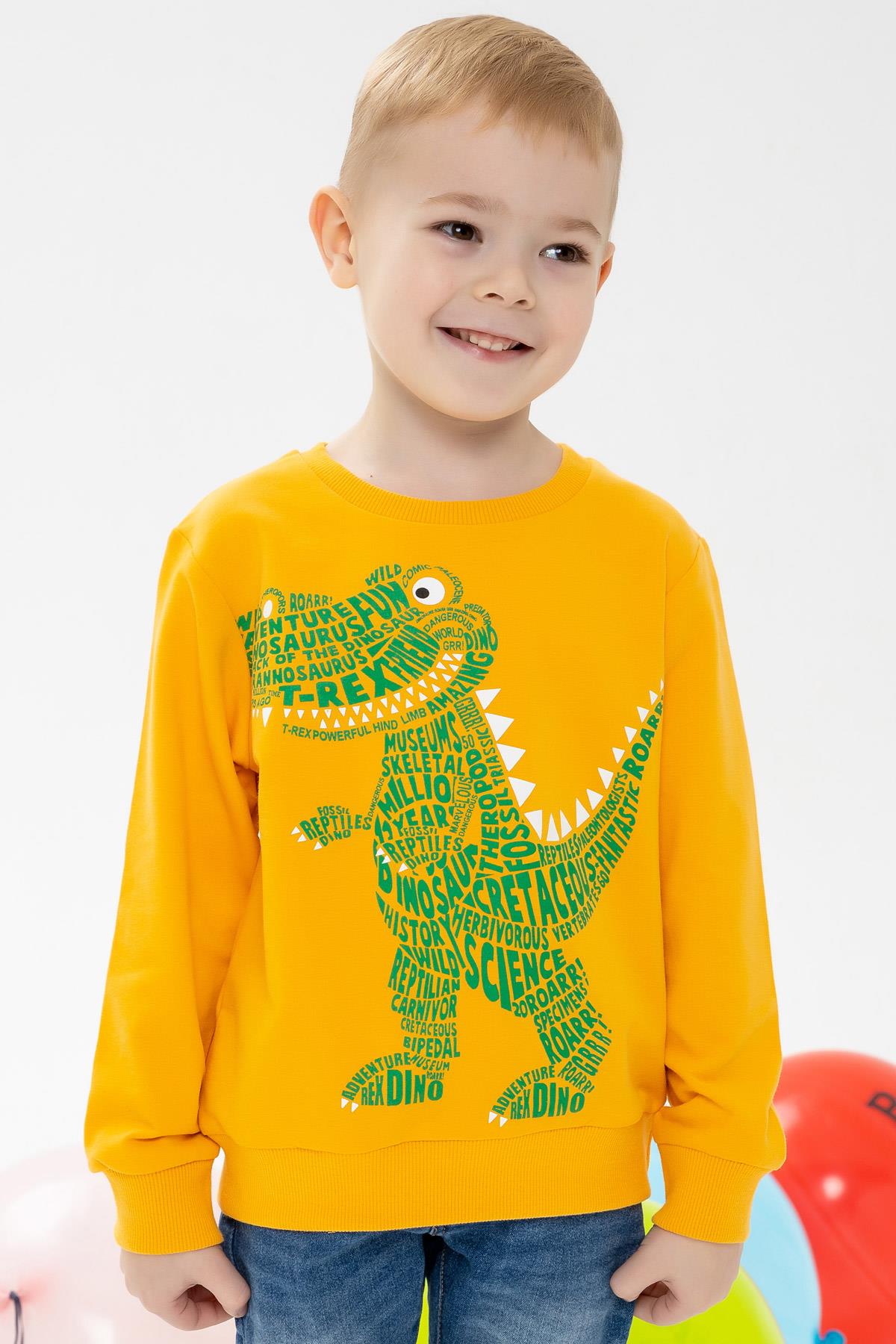 Breeze Erkek Çocuk Sweatshirt Dinozor Baskılı Hardal Sarı (7 Yaş)