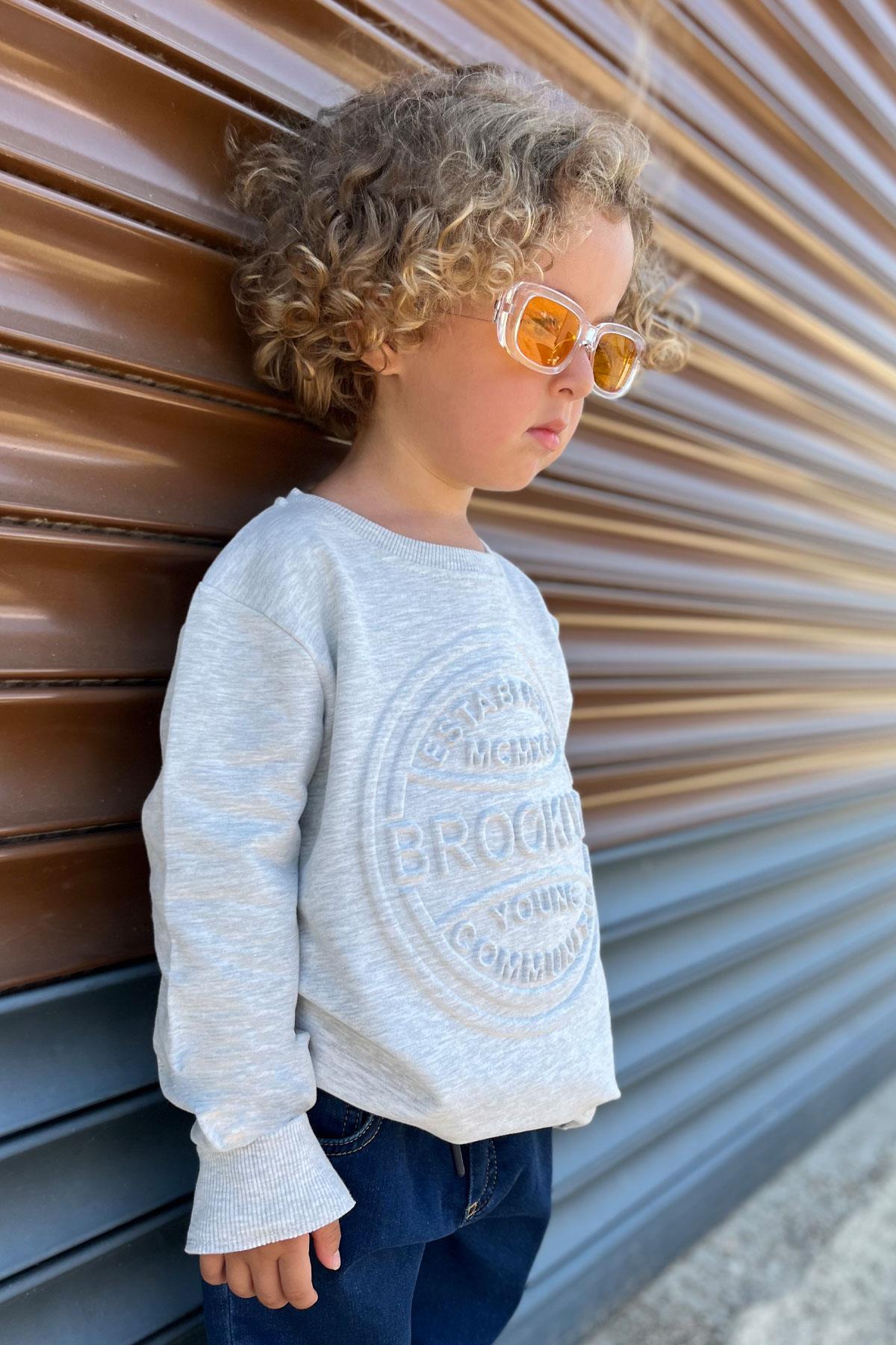 Breeze Erkek Çocuk Sweatshirt Kabartma Yazı Baskılı Açık Gri Melanj (9 Yaş)