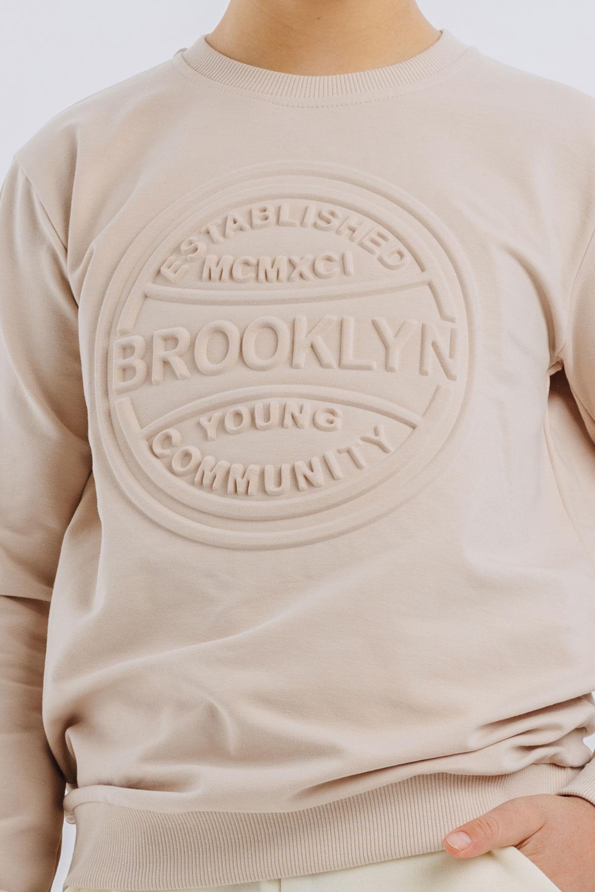 Breeze Erkek Çocuk Sweatshirt Kabartma Yazı Baskılı Bej (8 Yaş)