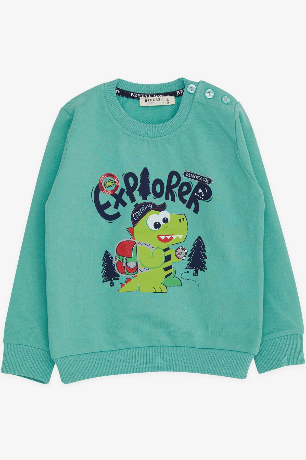 Breeze Erkek Çocuk Sweatshirt Kampçı Dinazor Baskılı Mint Yeşili (1.5-5 Yaş)
