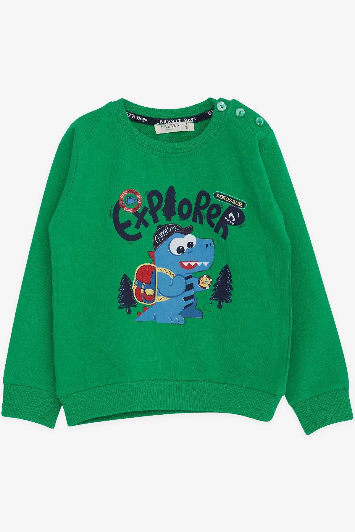Breeze Erkek Çocuk Sweatshirt Kampçı Dinazor Baskılı Yeşil (1.5-5 Yaş)
