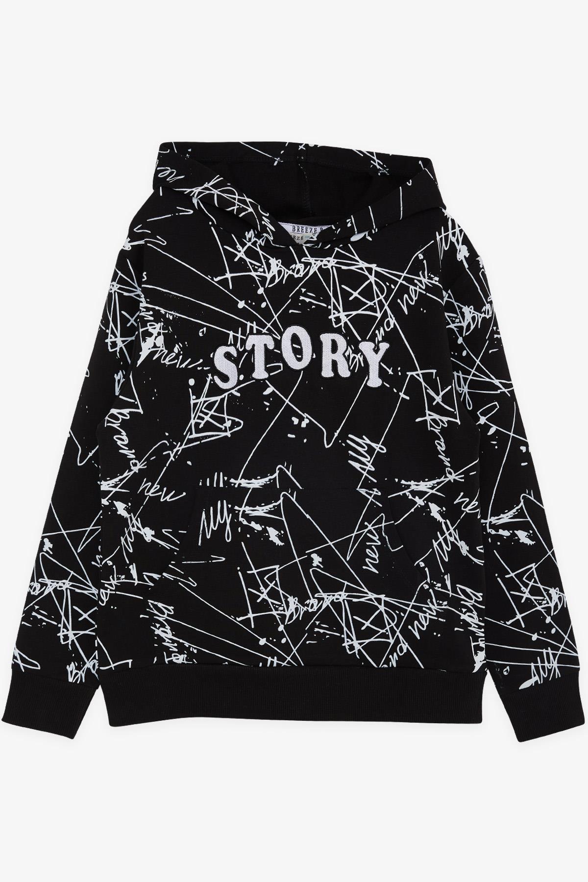 Breeze Erkek Çocuk Sweatshirt Kanguru Cepli Kapüşonlu Yazı Nakışlı Siyah (8-12 Yaş)