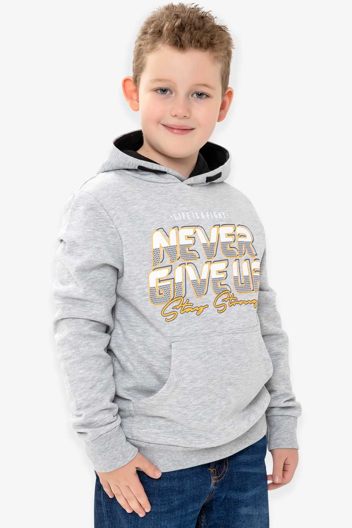 Breeze Erkek Çocuk Sweatshirt Kanguru Cepli Baskılı Gri Melanj (9-15 Yaş)