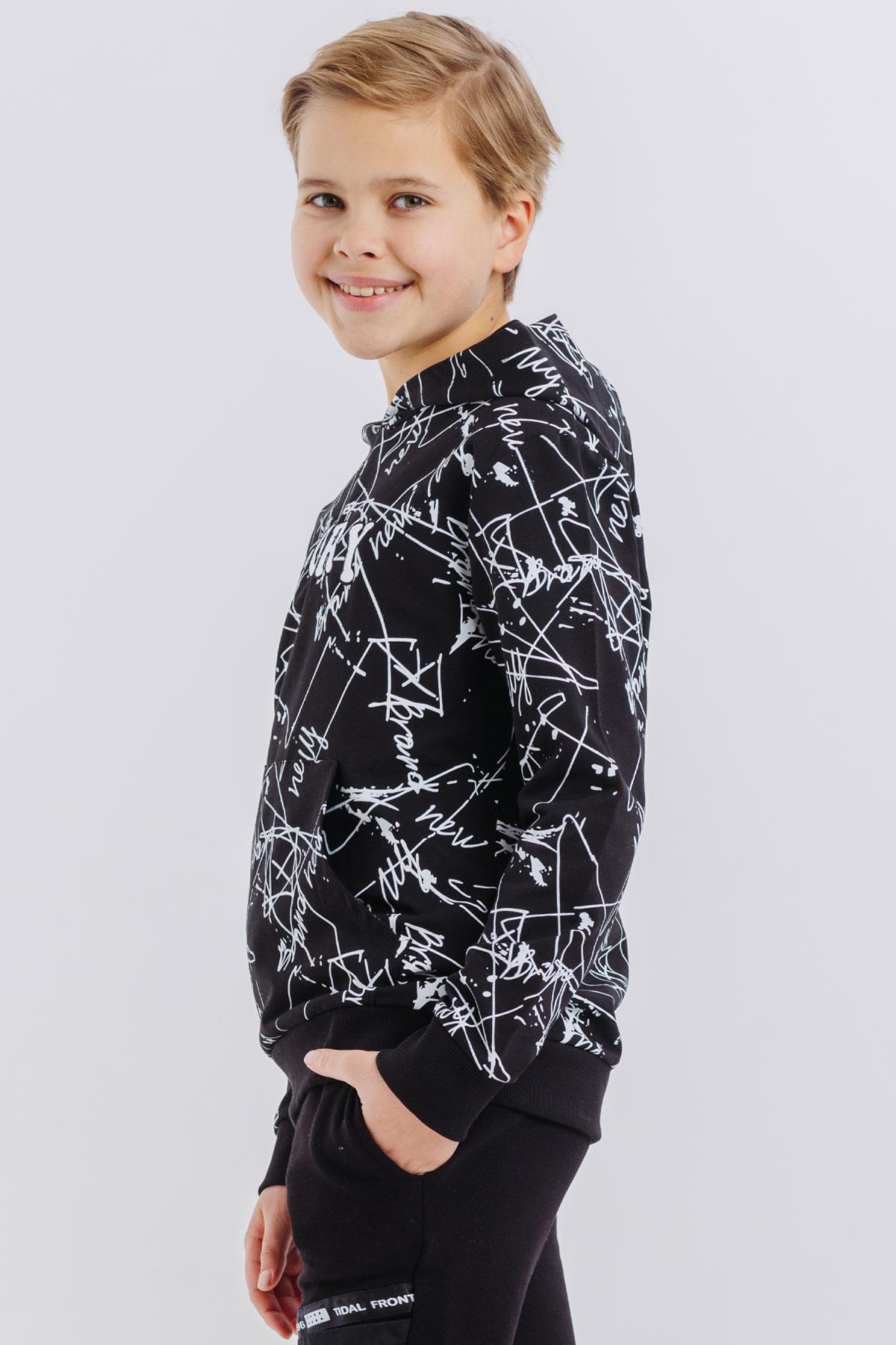 Breeze Erkek Çocuk Sweatshirt Kanguru Cepli Kapüşonlu Yazı Nakışlı Siyah (8 Yaş)