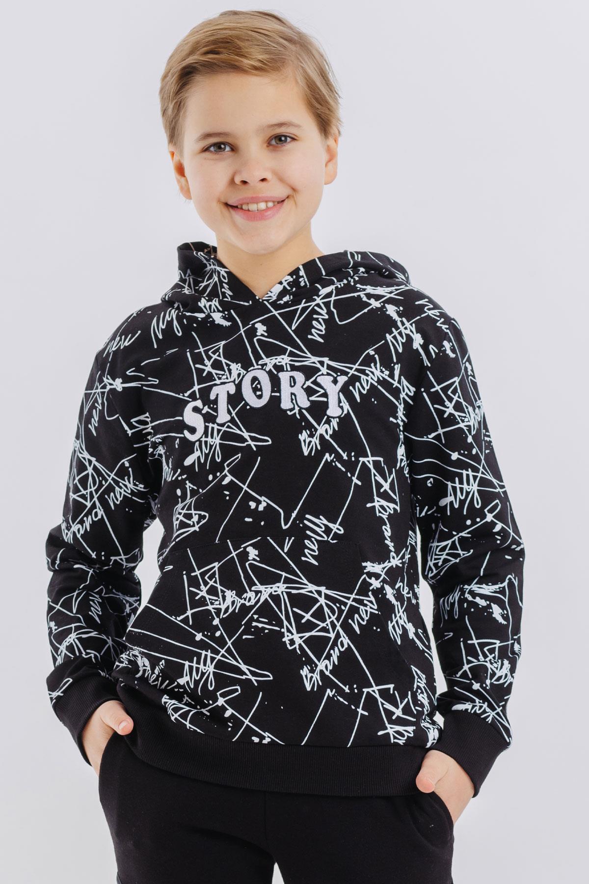 Breeze Erkek Çocuk Sweatshirt Kanguru Cepli Kapüşonlu Yazı Nakışlı Siyah (8 Yaş)