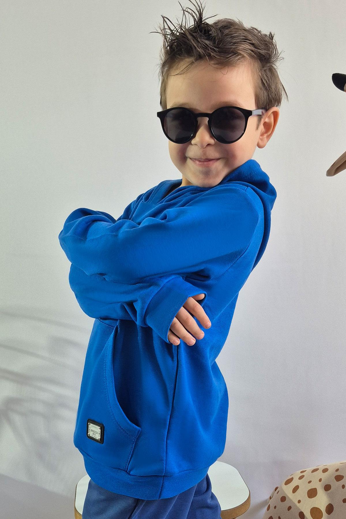 Breeze Erkek Çocuk Sweatshirt Kanguru Cepli Armalı Saks Mavisi (4-8 Yaş)