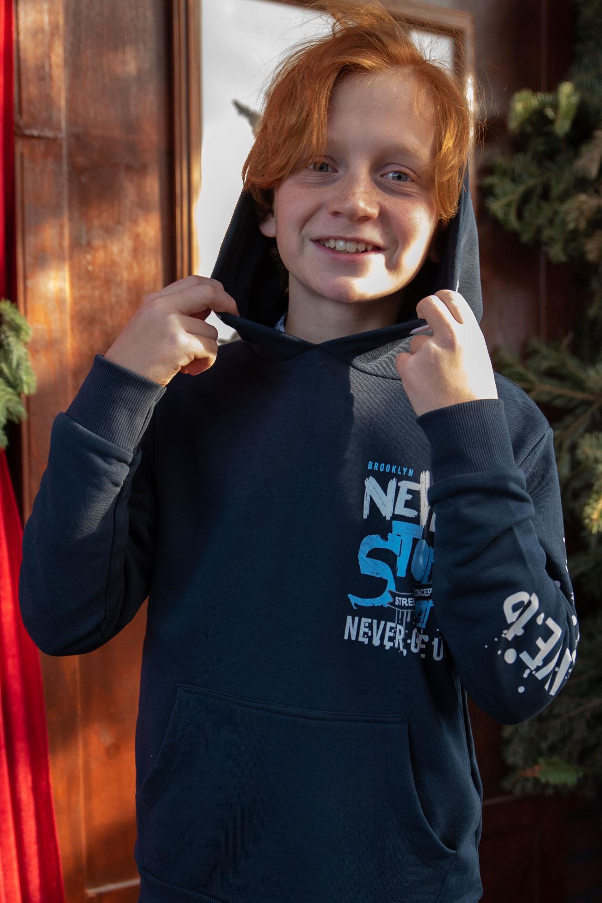 Breeze Erkek Çocuk Sweatshirt Kanguru Cepli Kapüşonlu Lacivert (9-16 Yaş)