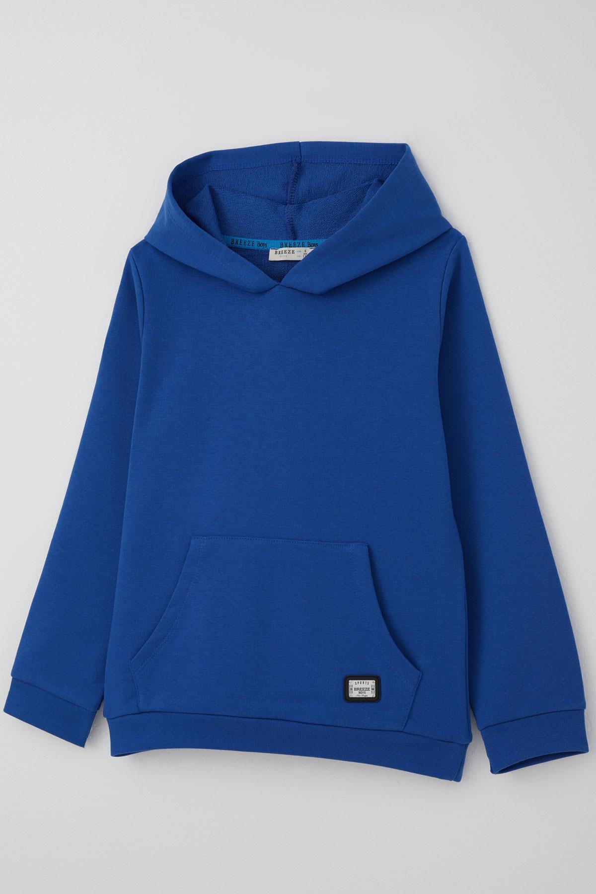 Breeze Erkek Çocuk Sweatshirt Kanguru Cepli Armalı Saks Mavisi (4-8 Yaş)