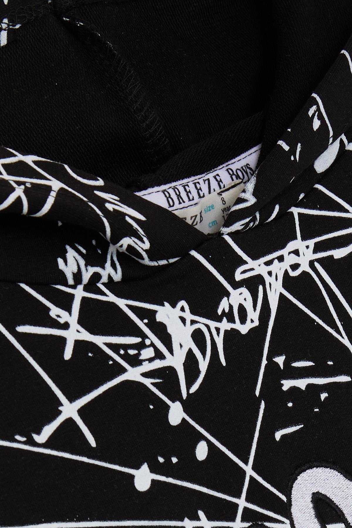 Breeze Erkek Çocuk Sweatshirt Kanguru Cepli Kapüşonlu Yazı Nakışlı Siyah (8-12 Yaş)