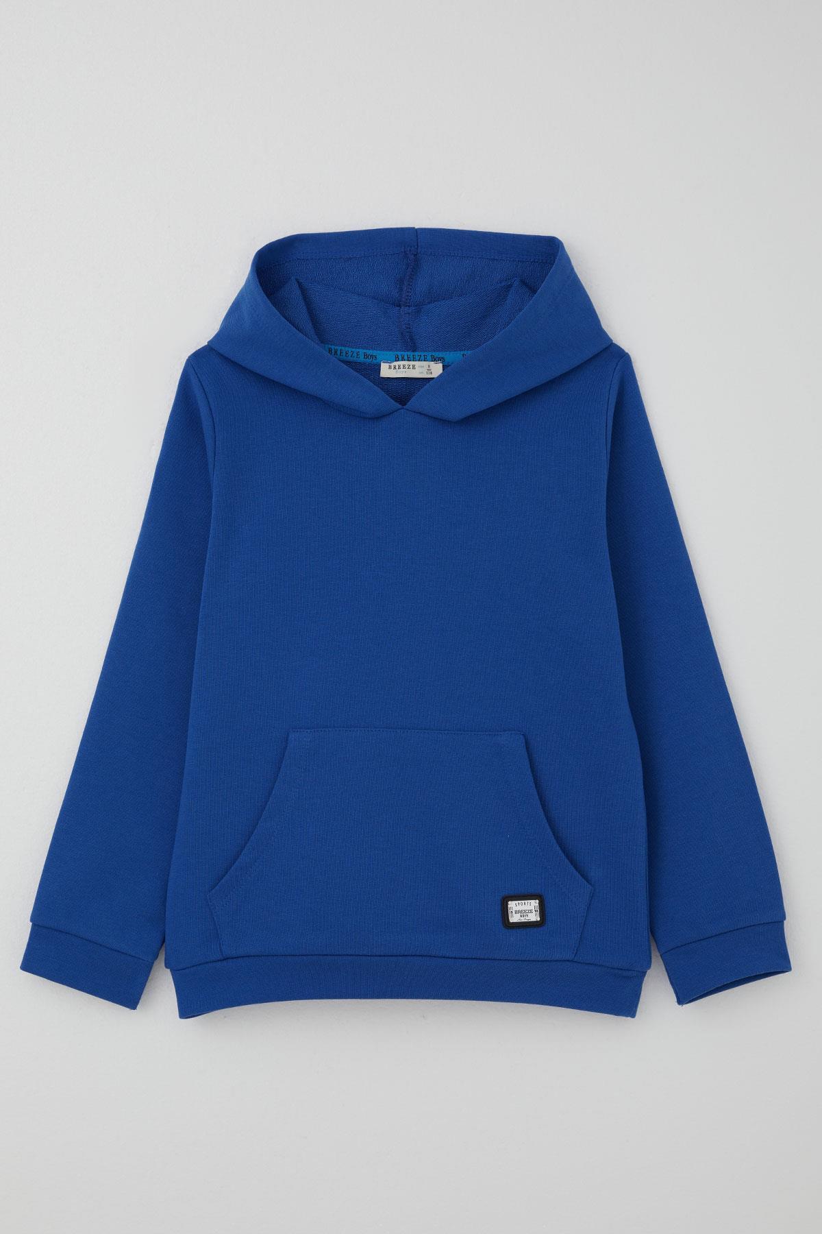 Breeze Erkek Çocuk Sweatshirt Kanguru Cepli Armalı Saks Mavisi (4-8 Yaş)