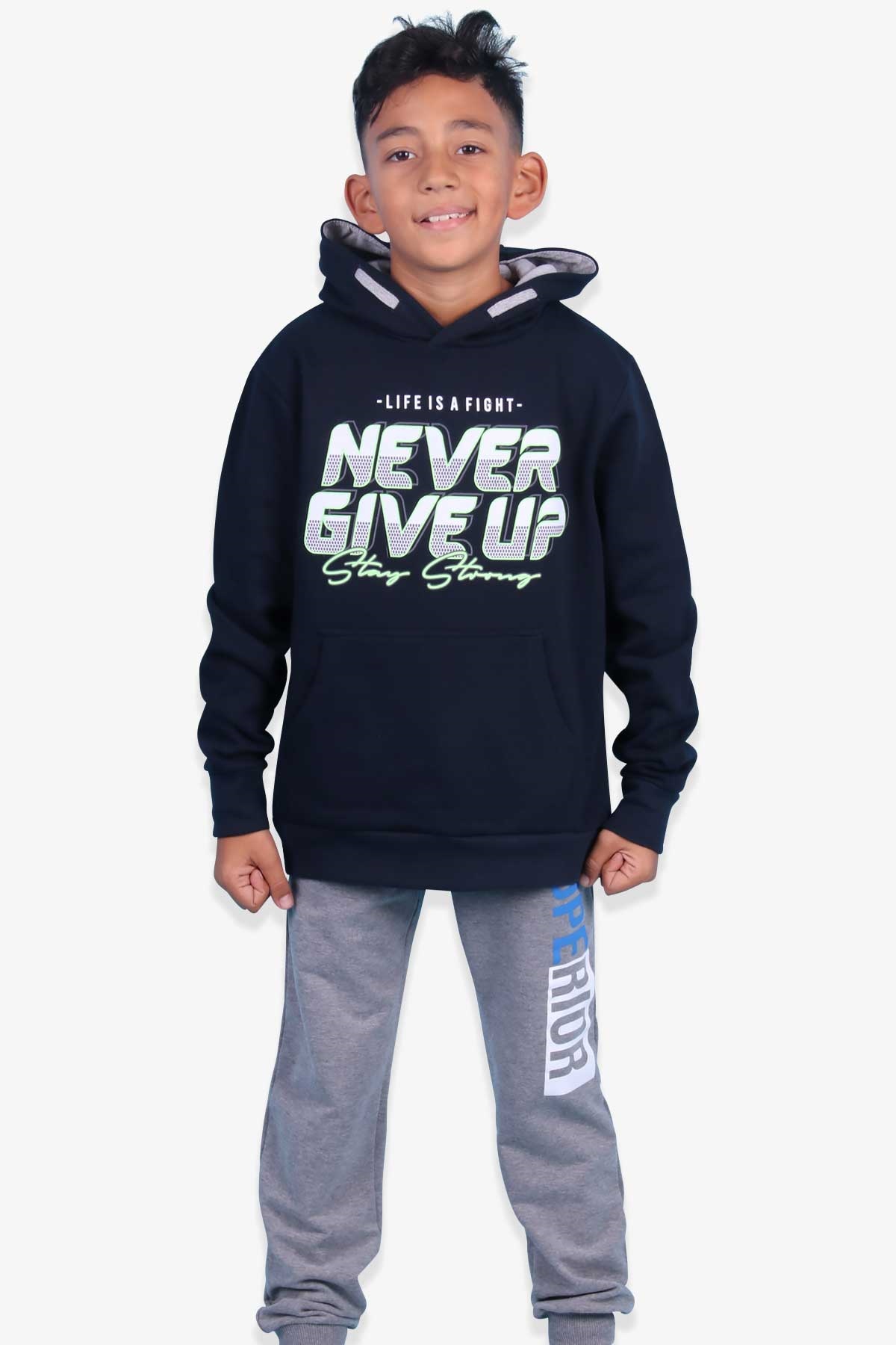 Breeze Erkek Çocuk Sweatshirt Kanguru Cepli Baskılı Lacivert (9-15 Yaş)