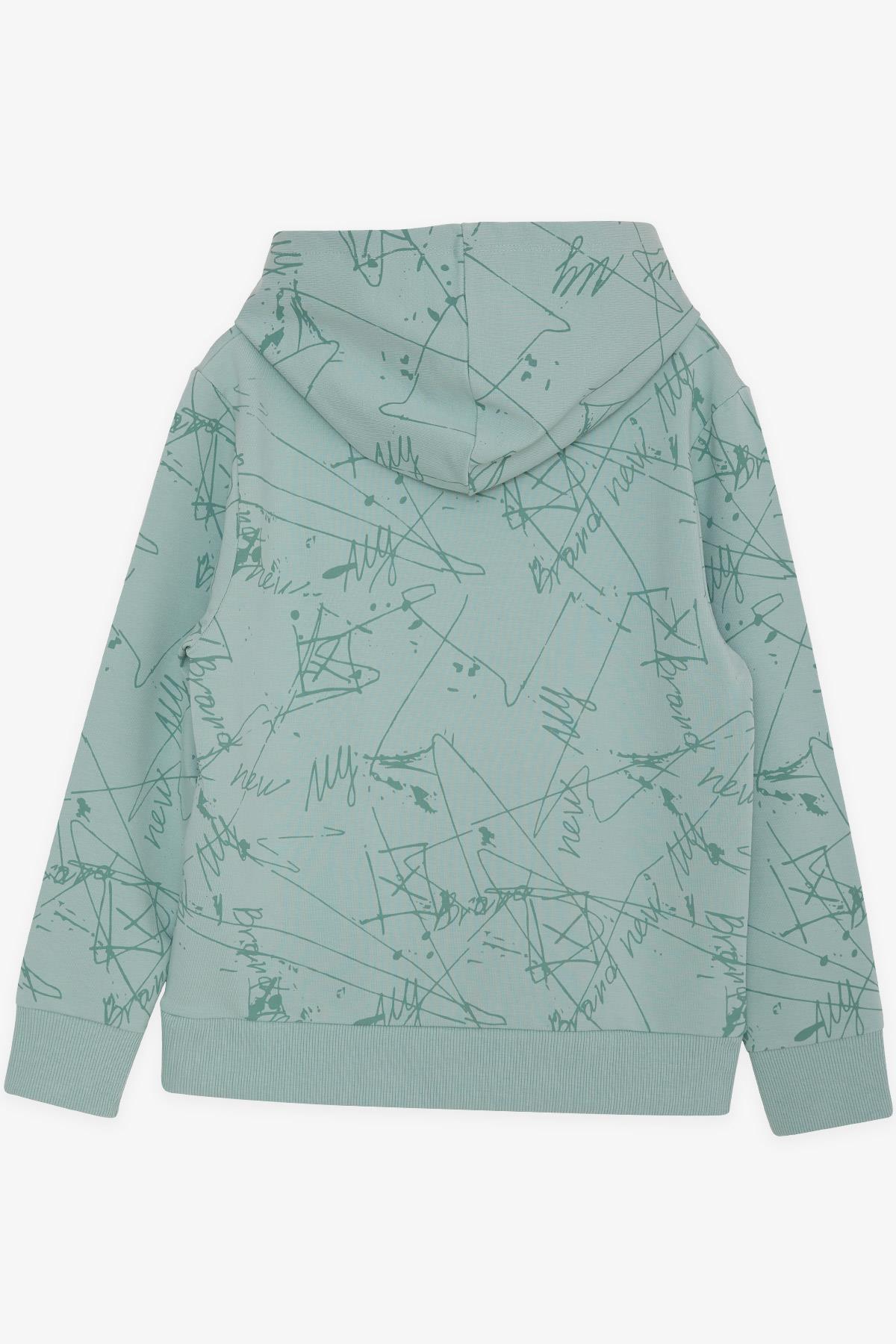 Breeze Erkek Çocuk Sweatshirt Kanguru Cepli Kapüşonlu Yazı Nakışlı Su Yeşili (8-12 Yaş)