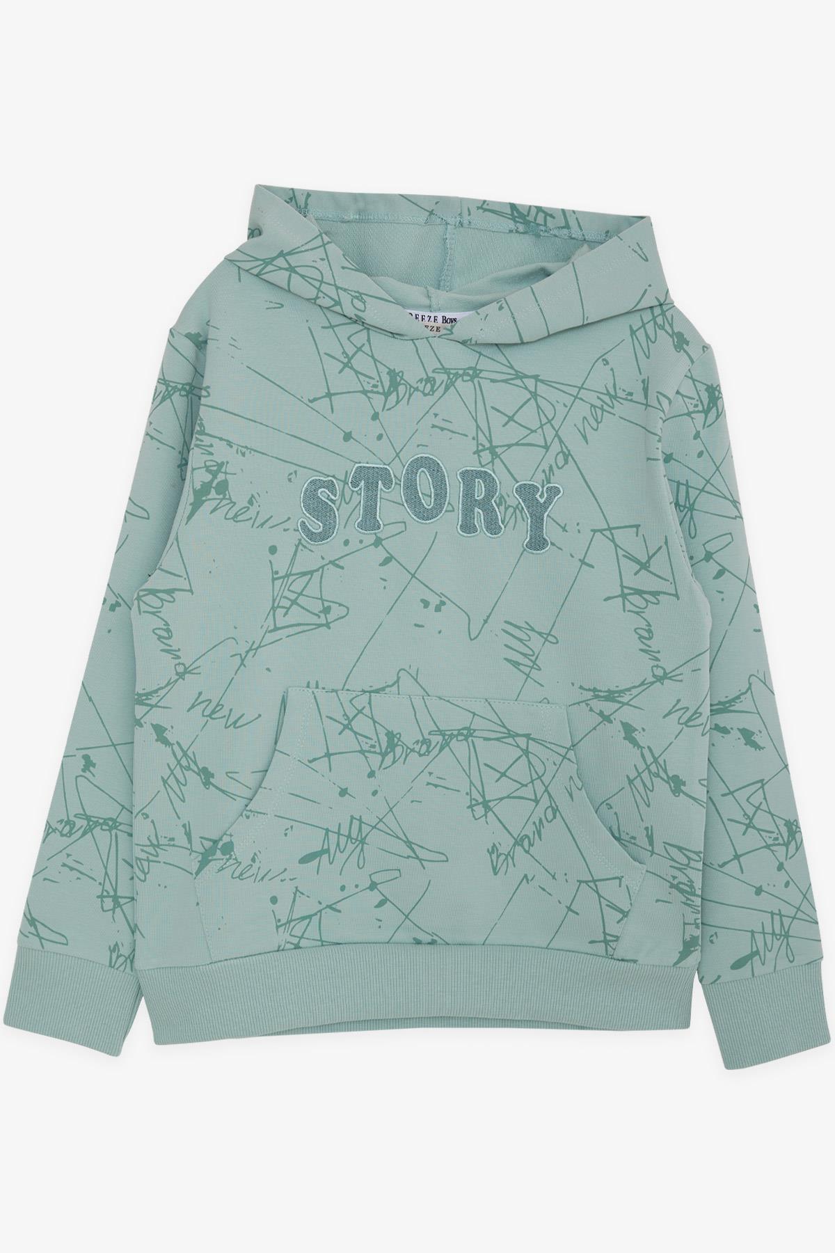 Breeze Erkek Çocuk Sweatshirt Kanguru Cepli Kapüşonlu Yazı Nakışlı Su Yeşili (8-12 Yaş)