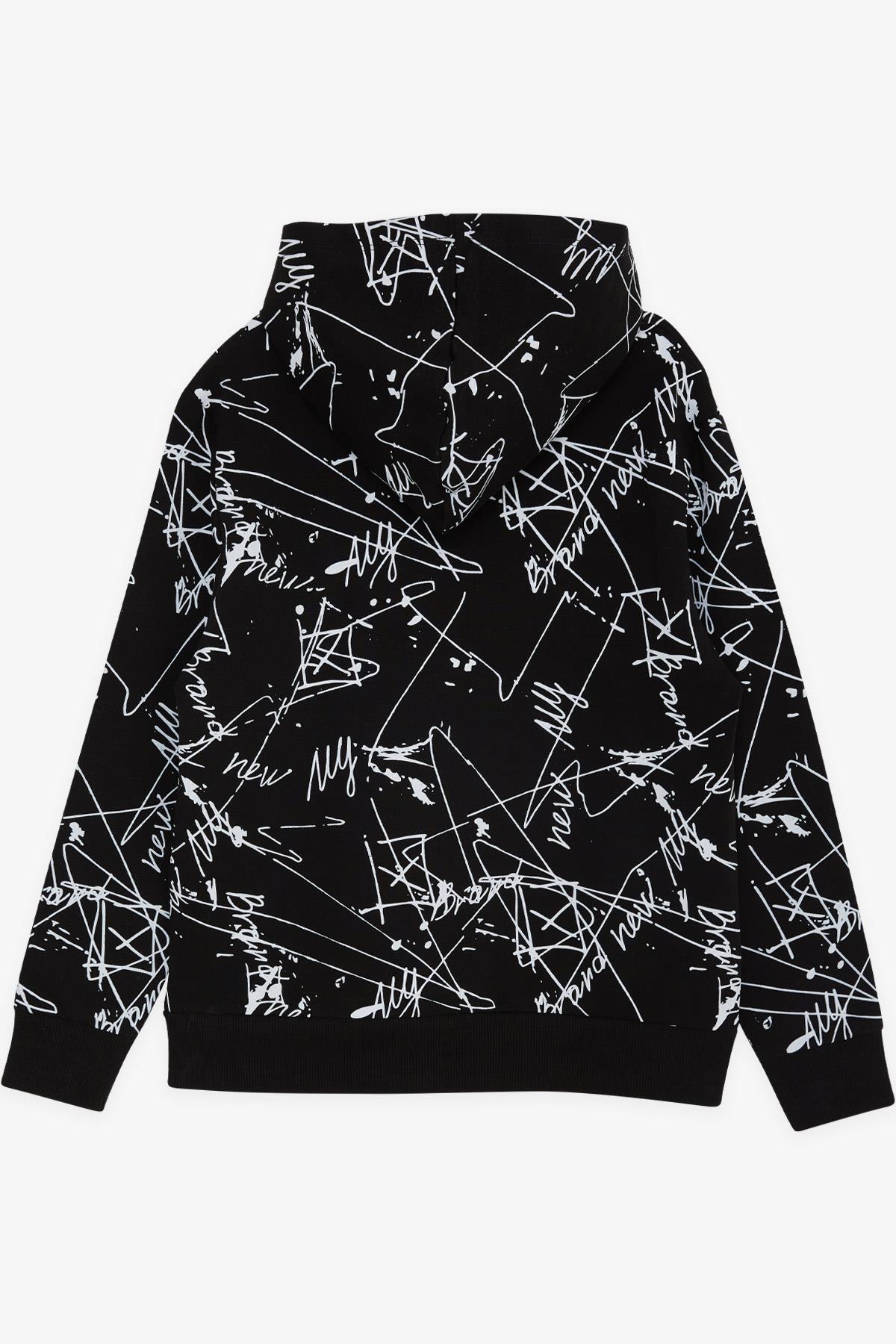 Breeze Erkek Çocuk Sweatshirt Kanguru Cepli Kapüşonlu Yazı Nakışlı Siyah (8-12 Yaş)