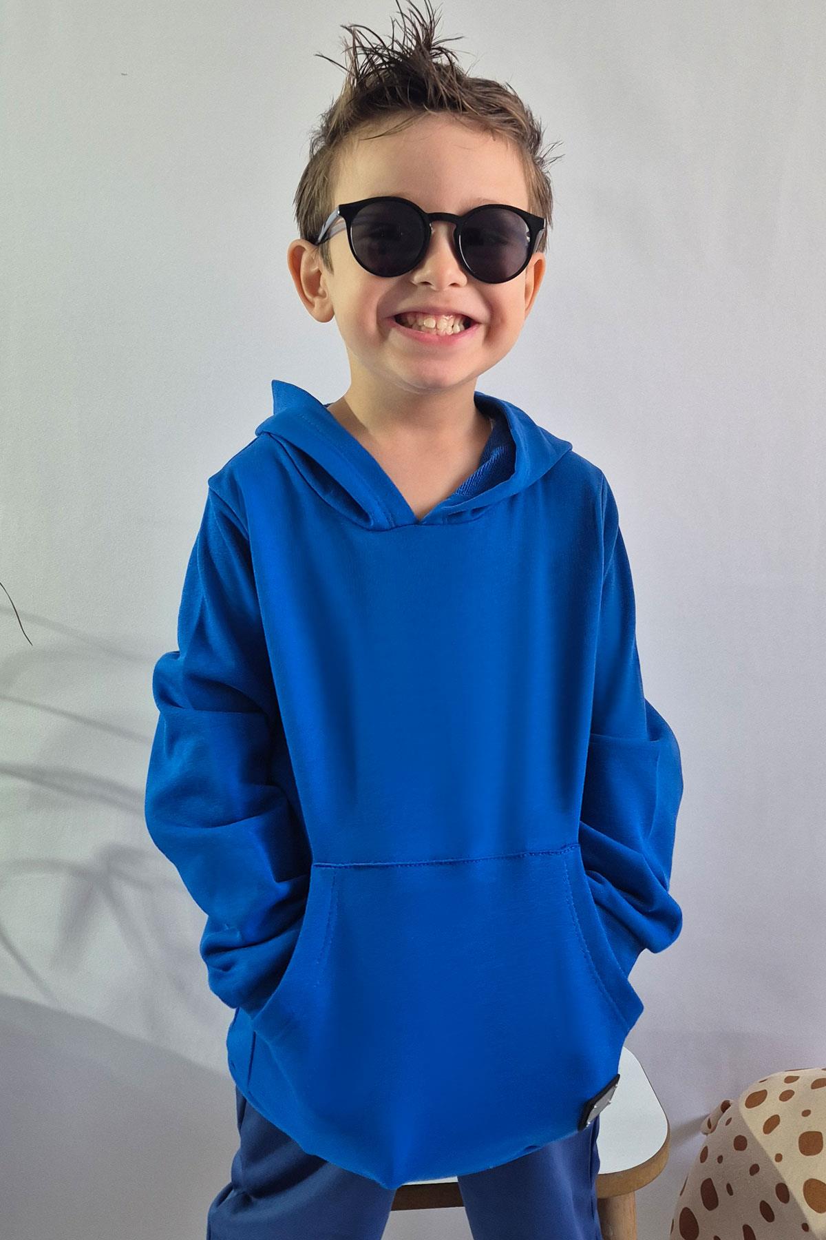 Breeze Erkek Çocuk Sweatshirt Kanguru Cepli Armalı Saks Mavisi (4-8 Yaş)