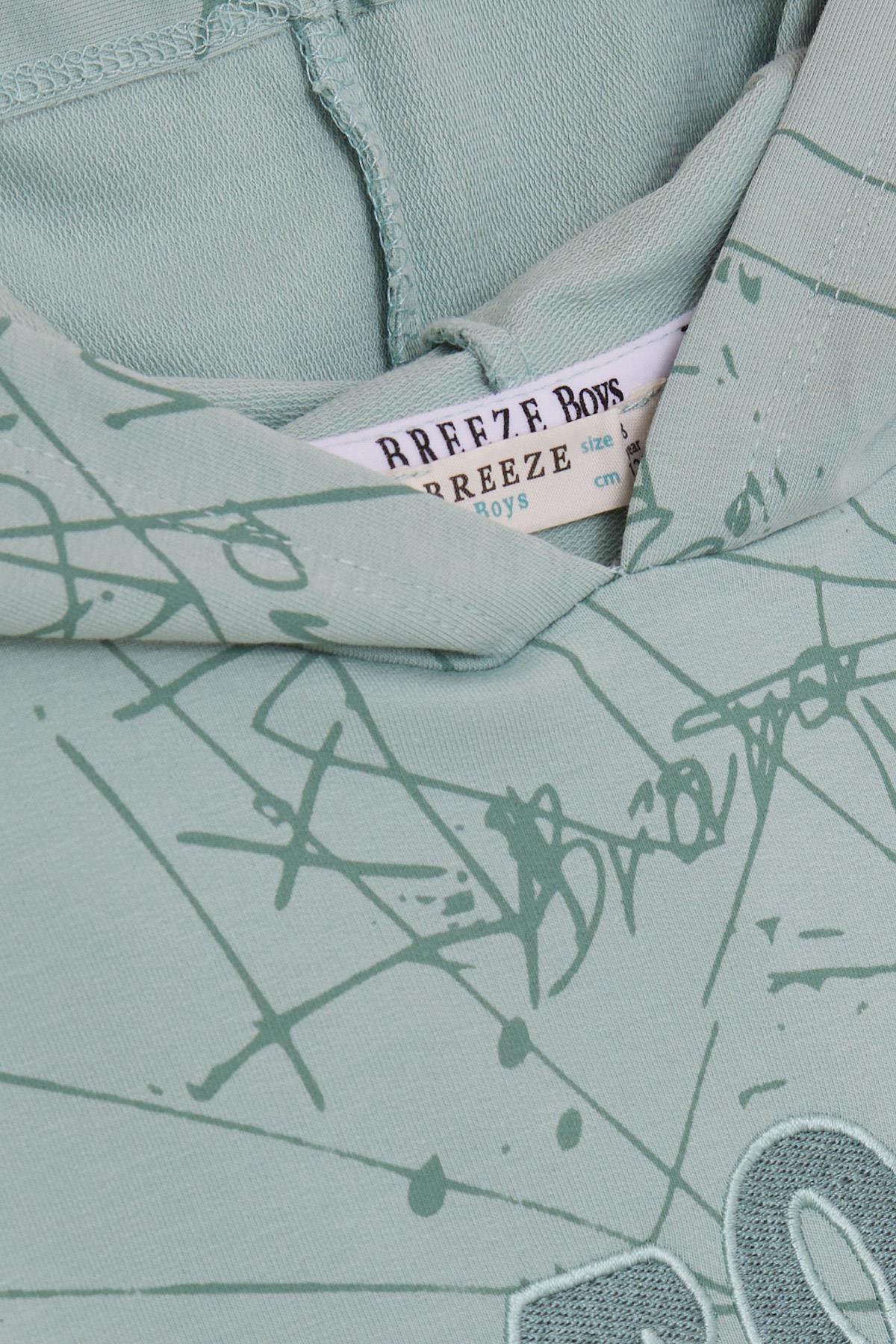 Breeze Erkek Çocuk Sweatshirt Kanguru Cepli Kapüşonlu Yazı Nakışlı Su Yeşili (8-12 Yaş)