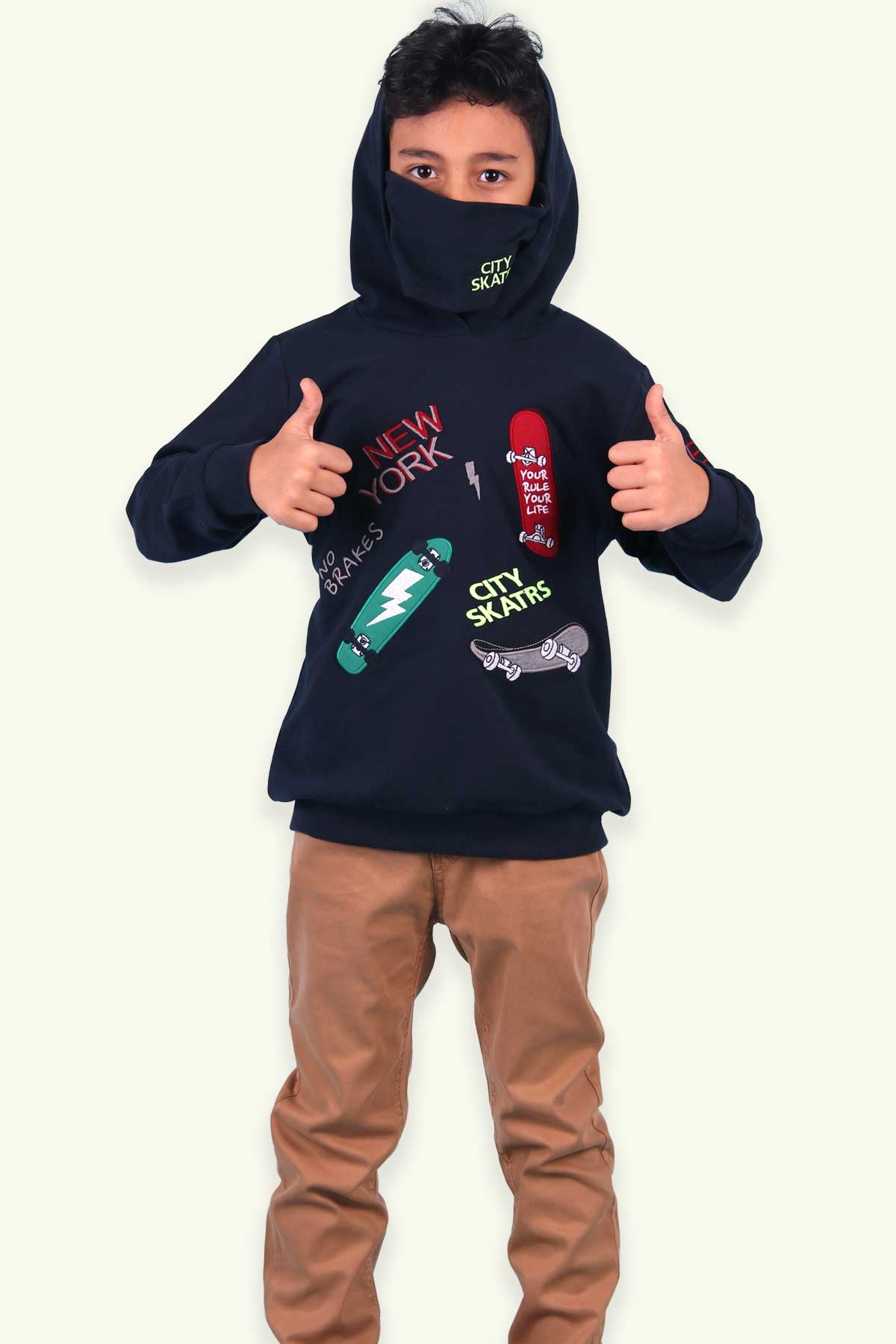 Breeze Erkek Çocuk Sweatshirt Kapüşonlu Kaykay Nakışlı Maskeli Lacivert (6-12 Yaş)