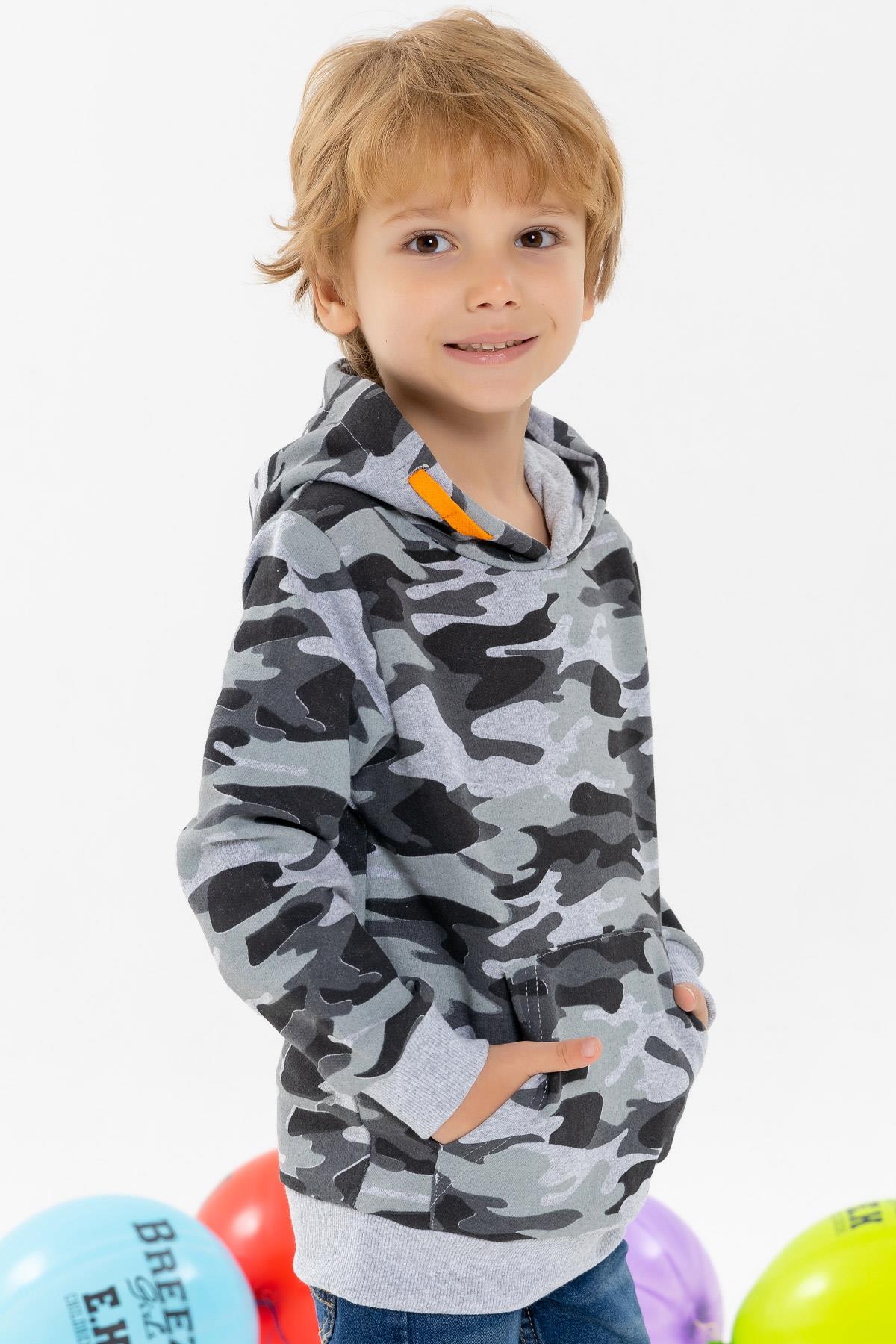 Breeze Erkek Çocuk Sweatshirt Kapüşonlu Kamuflaj Desenli Gri Melanj (7 Yaş)