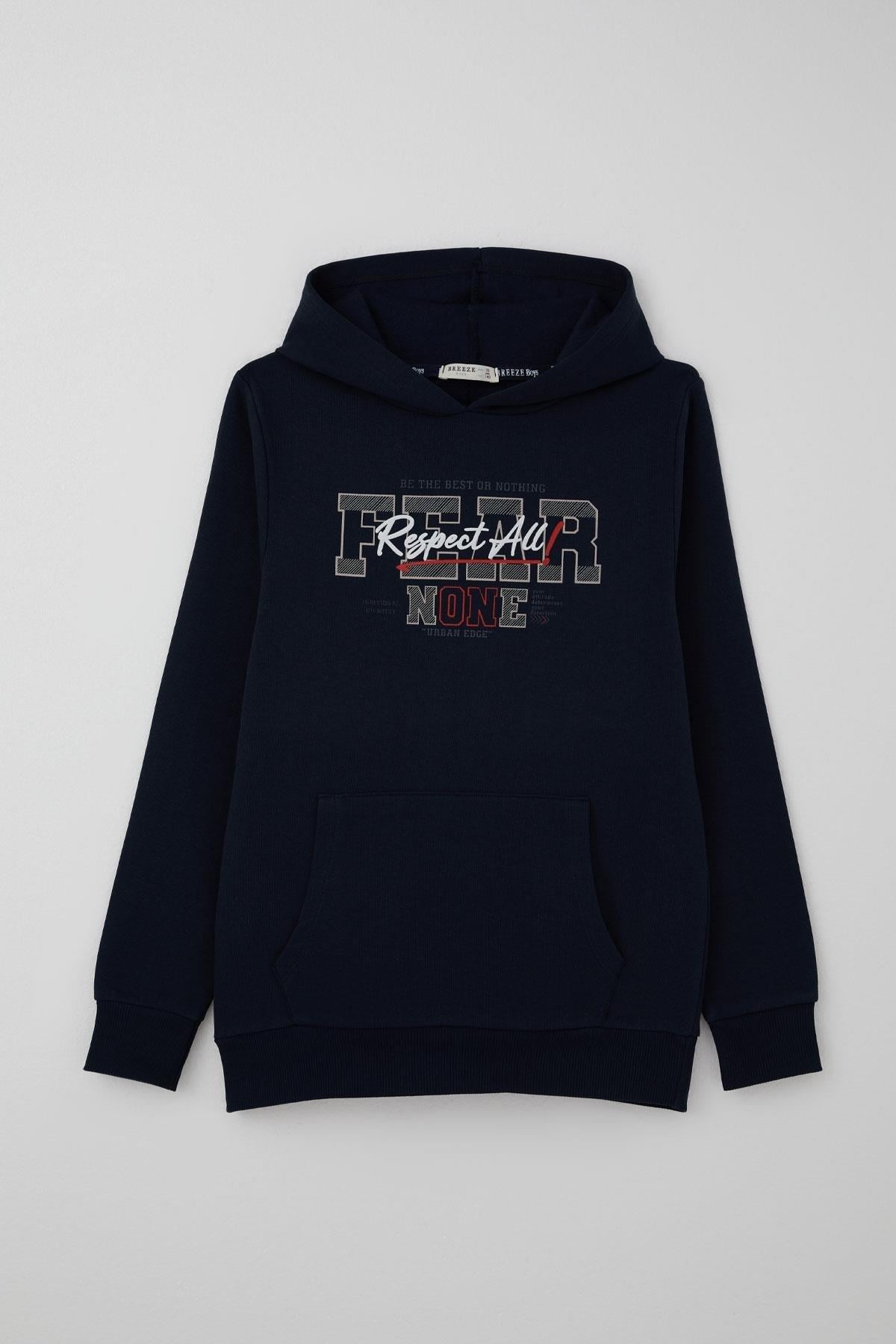 Breeze Erkek Çocuk Sweatshirt Kapüşonlu Yazı Baskılı Kanguru Cepli Lacivert (9-12 Yaş)
