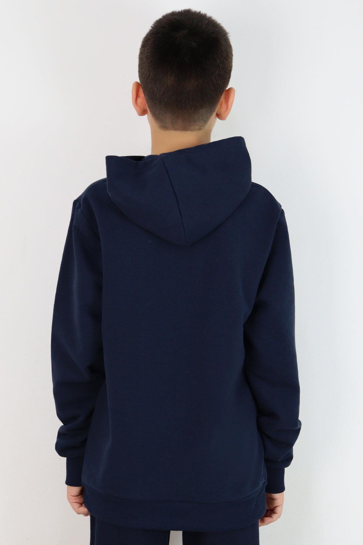 Breeze Erkek Çocuk Sweatshirt Kapüşonlu Yazı Baskılı Kanguru Cepli Lacivert (9-12 Yaş)
